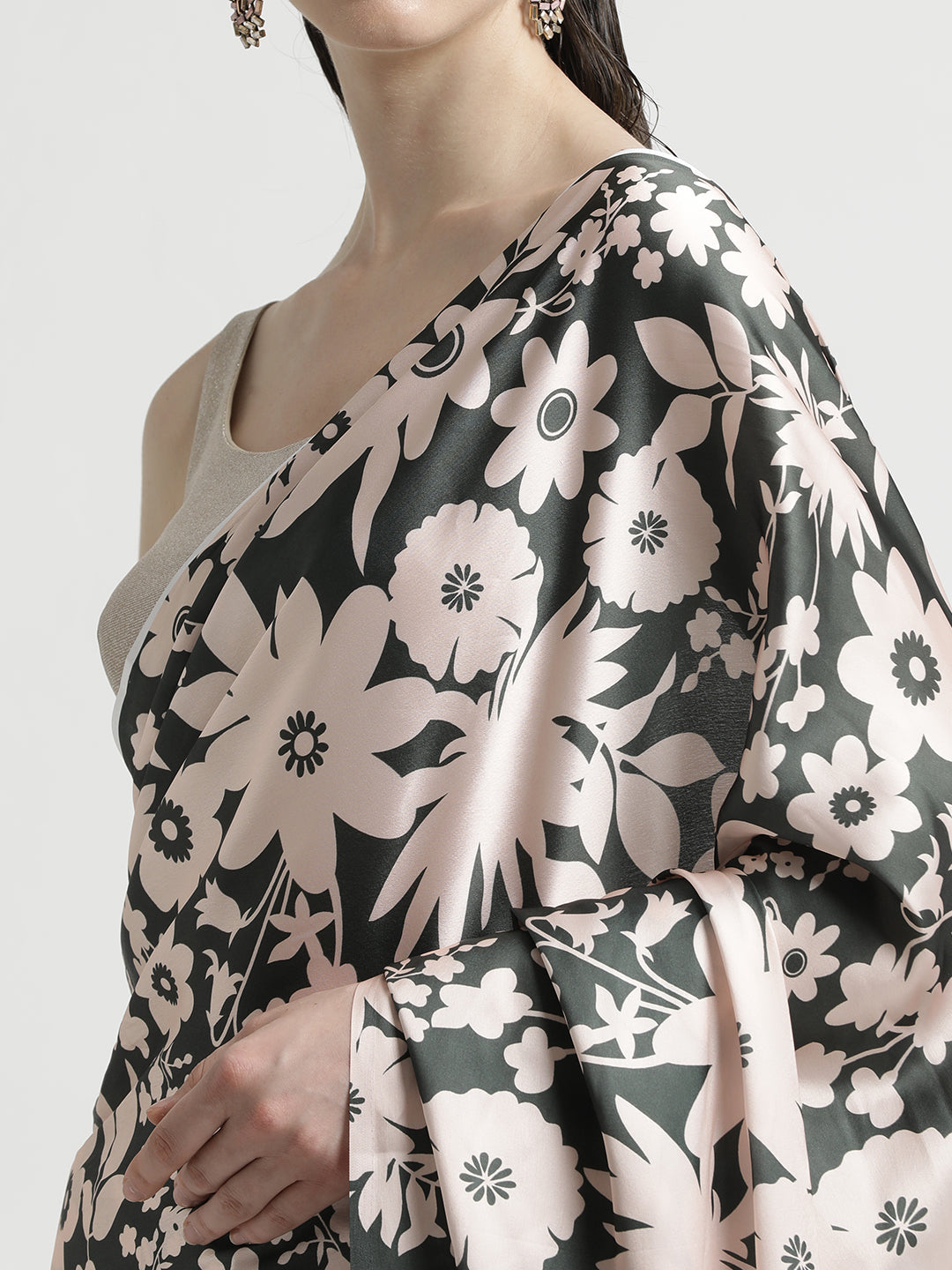 Olive Floral Printed Japan Silk Saree