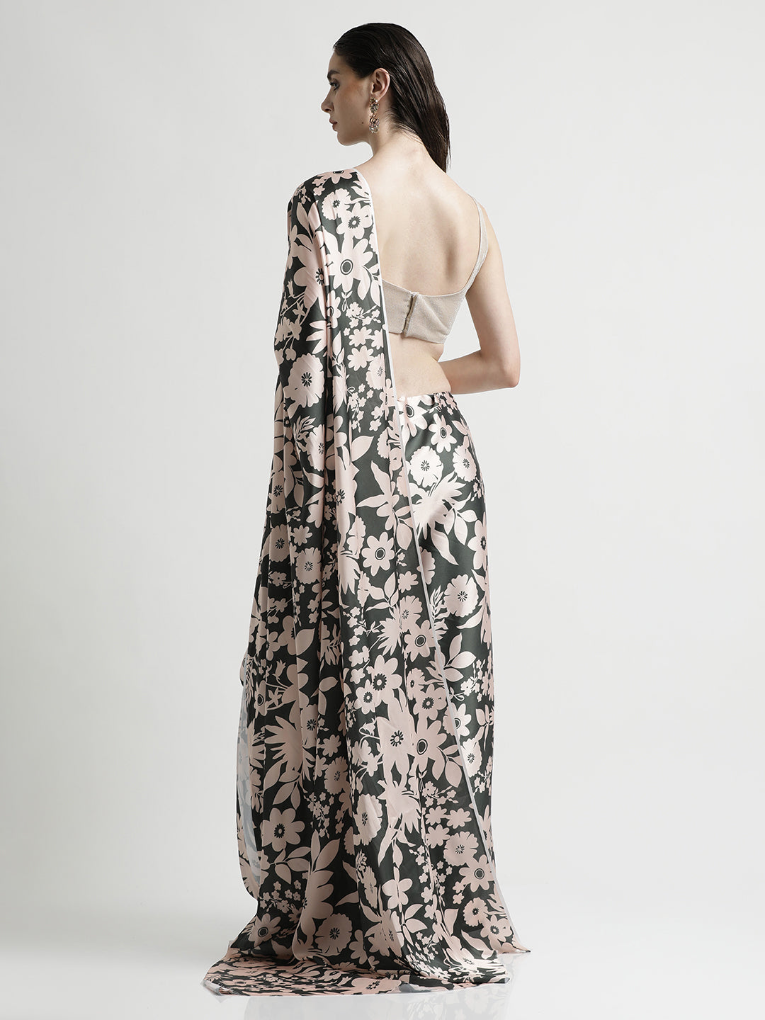 Olive Floral Printed Japan Silk Saree