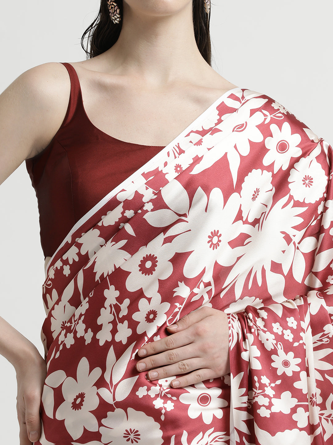 Maroon Floral Printed Japan Silk Saree