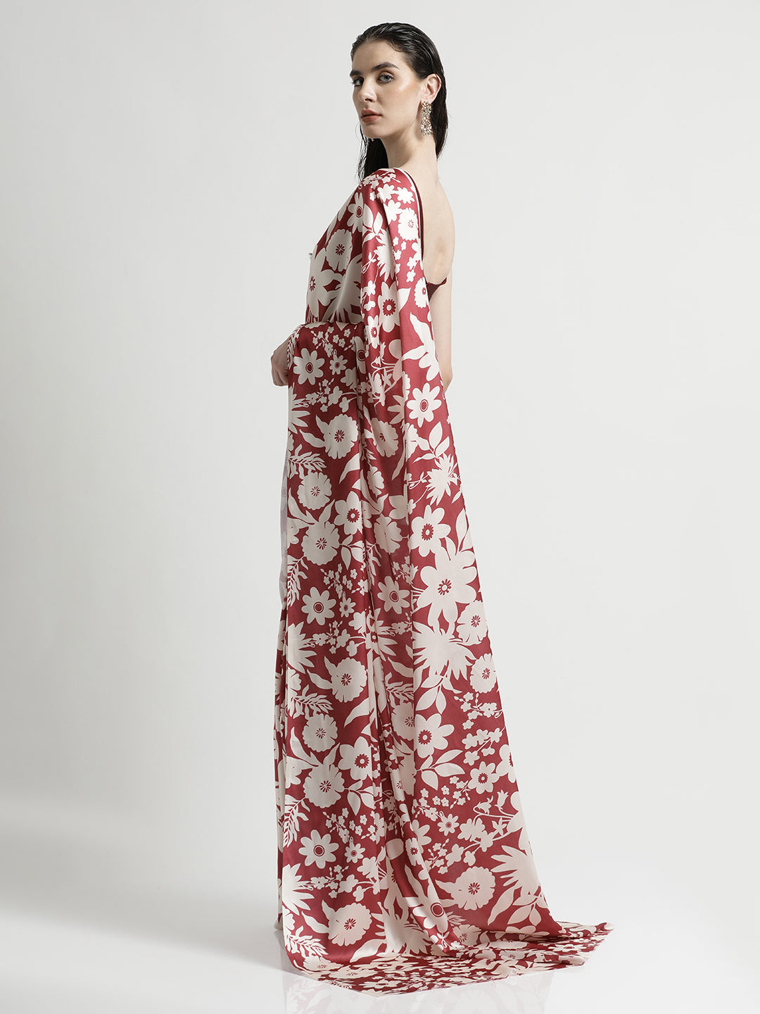 Maroon Floral Printed Japan Silk Saree