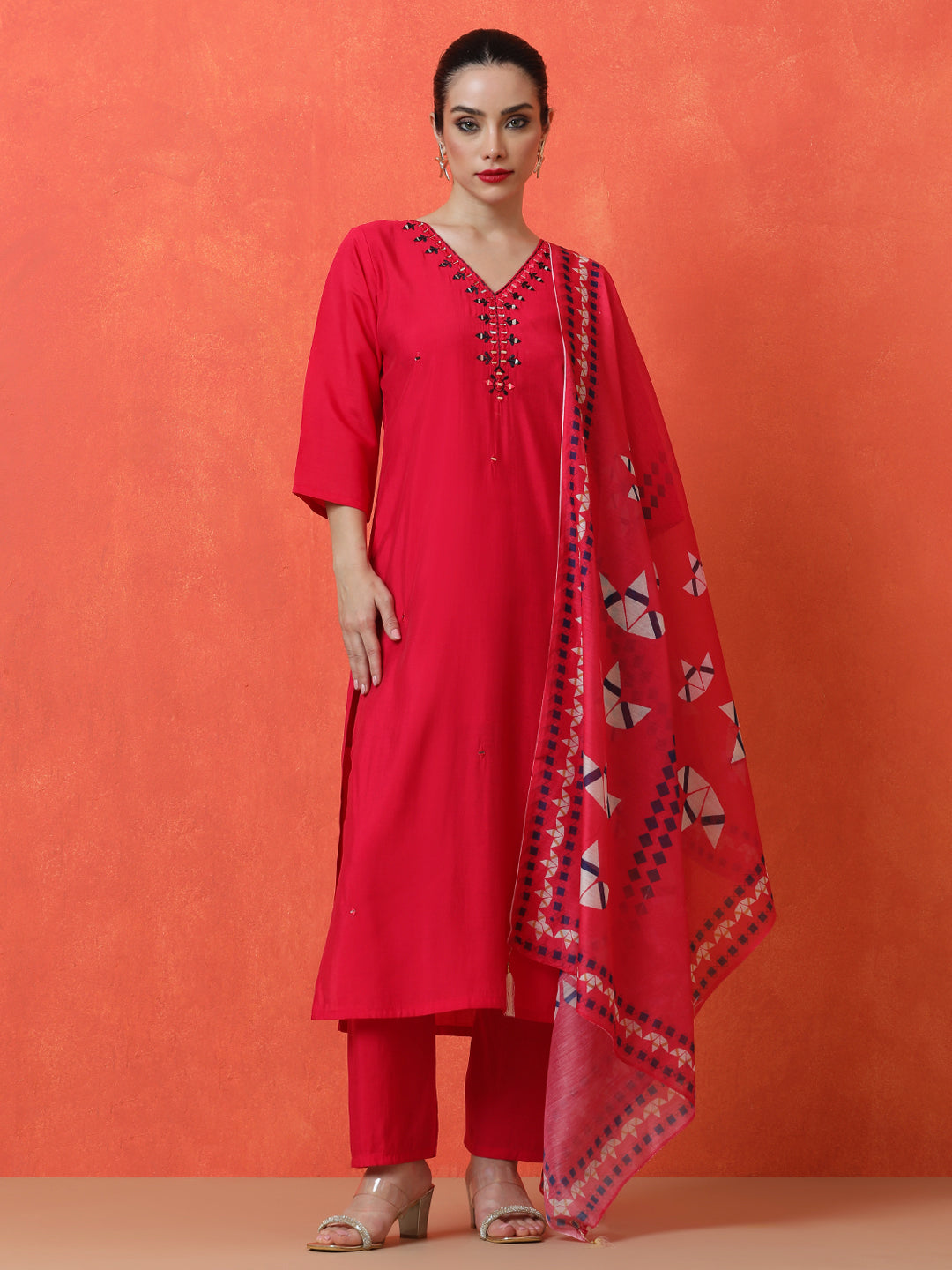 Solid Embroidered Straight Silk Blend Kurta & Trousers Sets