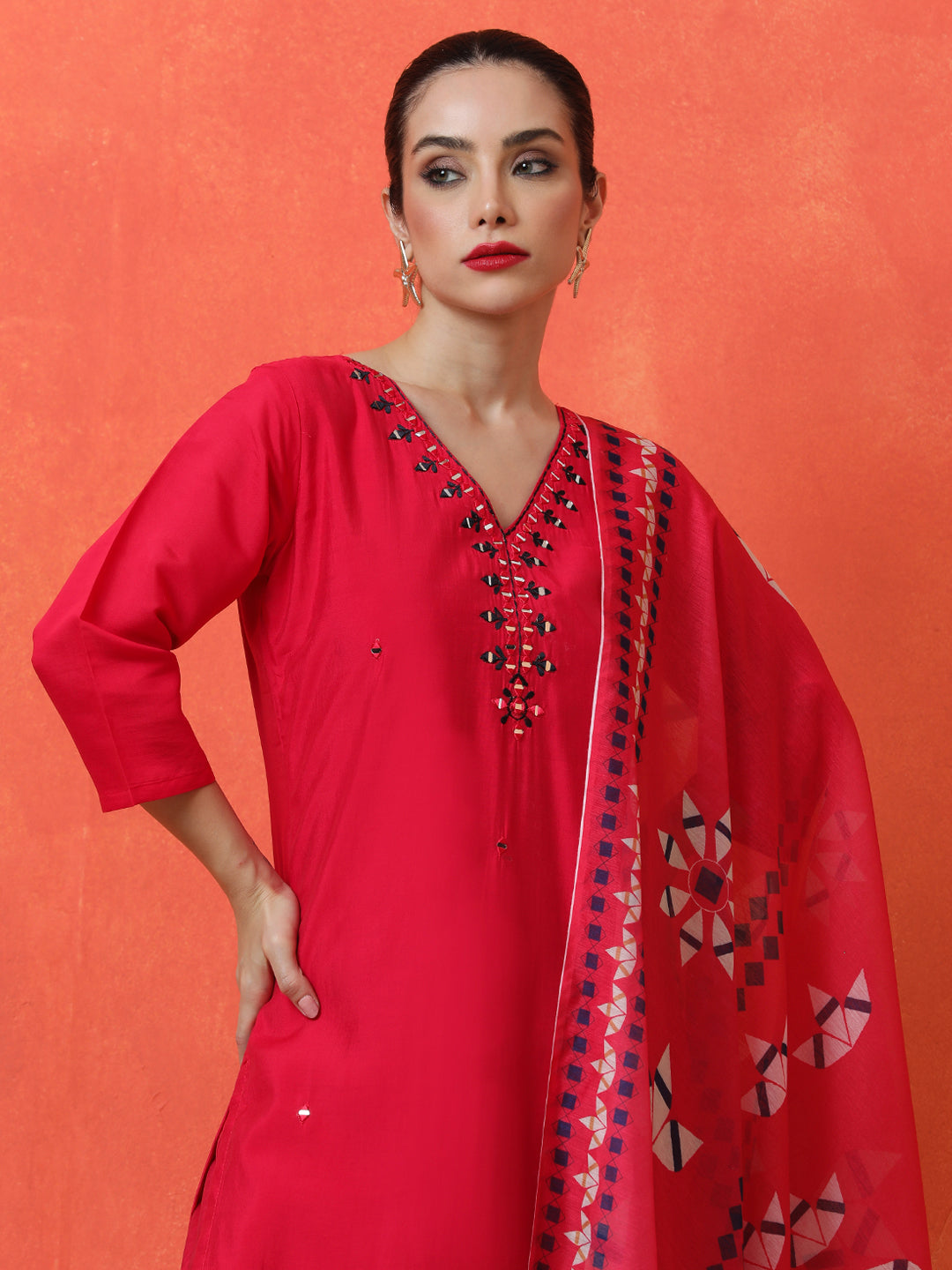 Solid Embroidered Straight Silk Blend Kurta & Trousers Sets