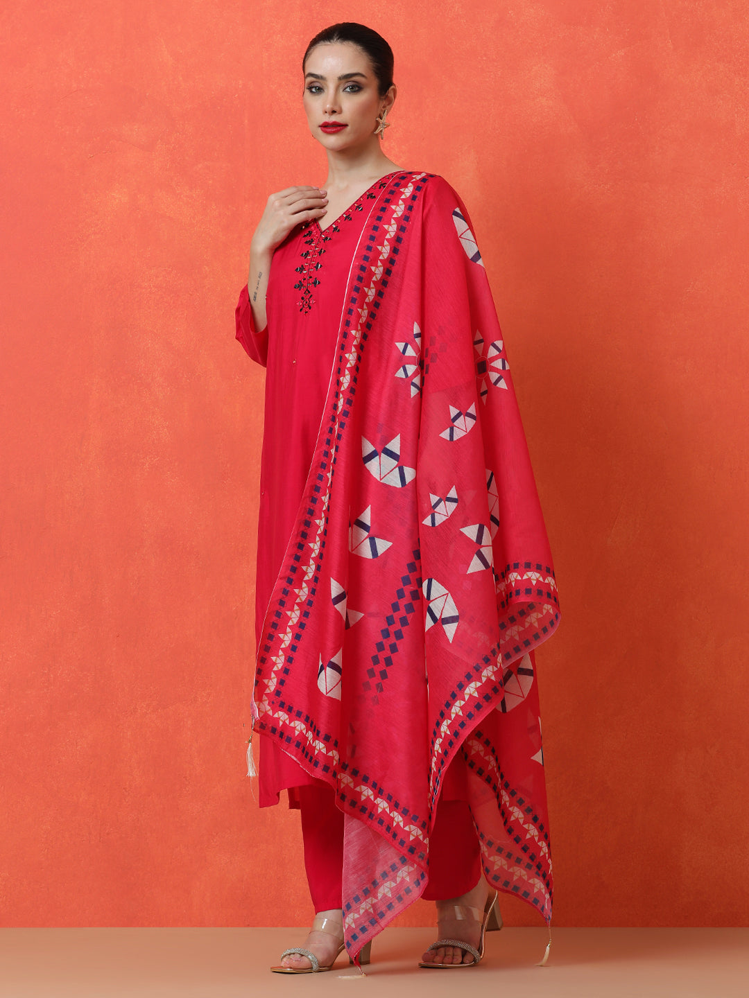 Solid Embroidered Straight Silk Blend Kurta & Trousers Sets