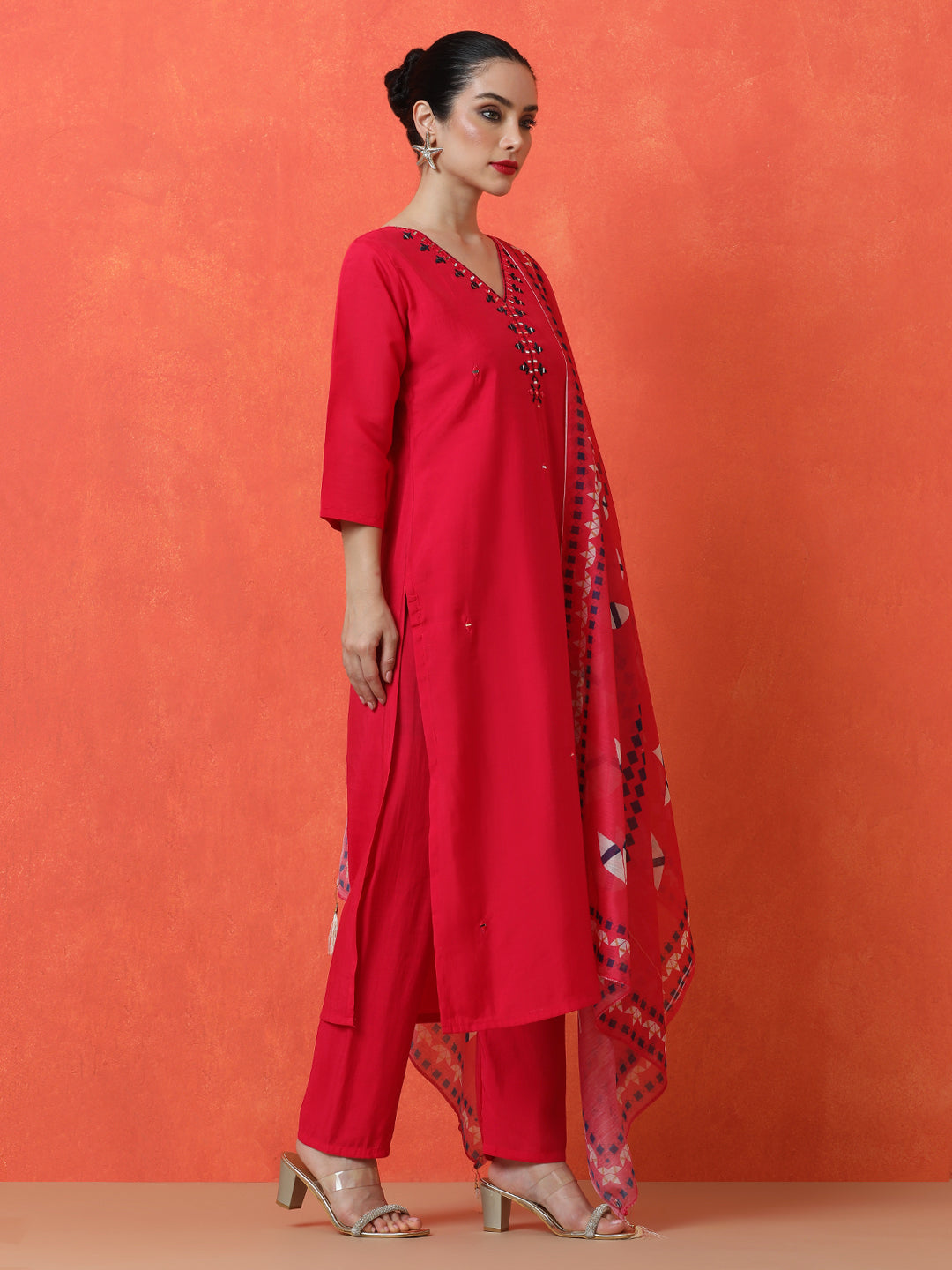 Solid Embroidered Straight Silk Blend Kurta & Trousers Sets
