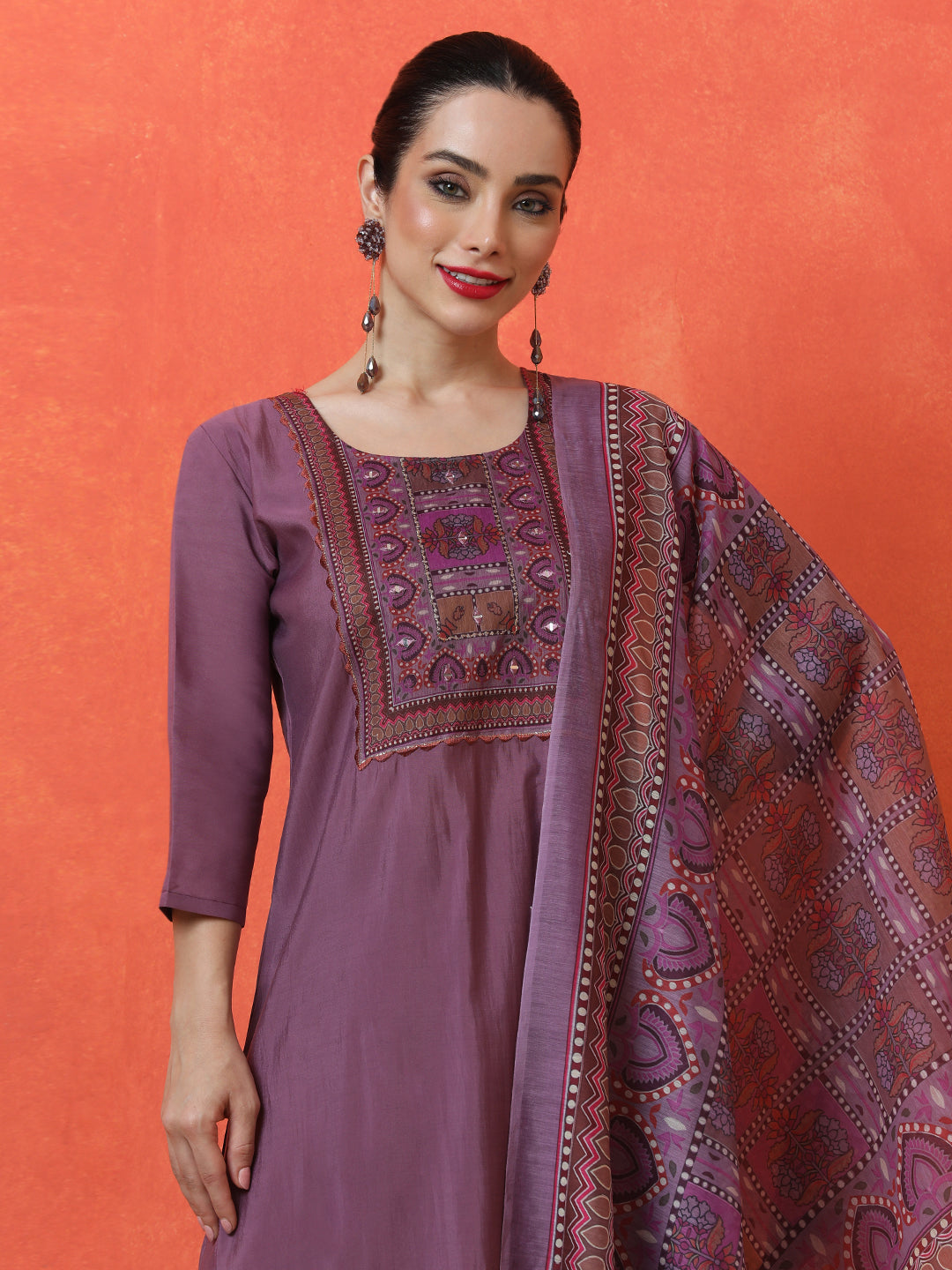 Floral Embroidered Straight Silk Blend Kurta & Trousers Sets
