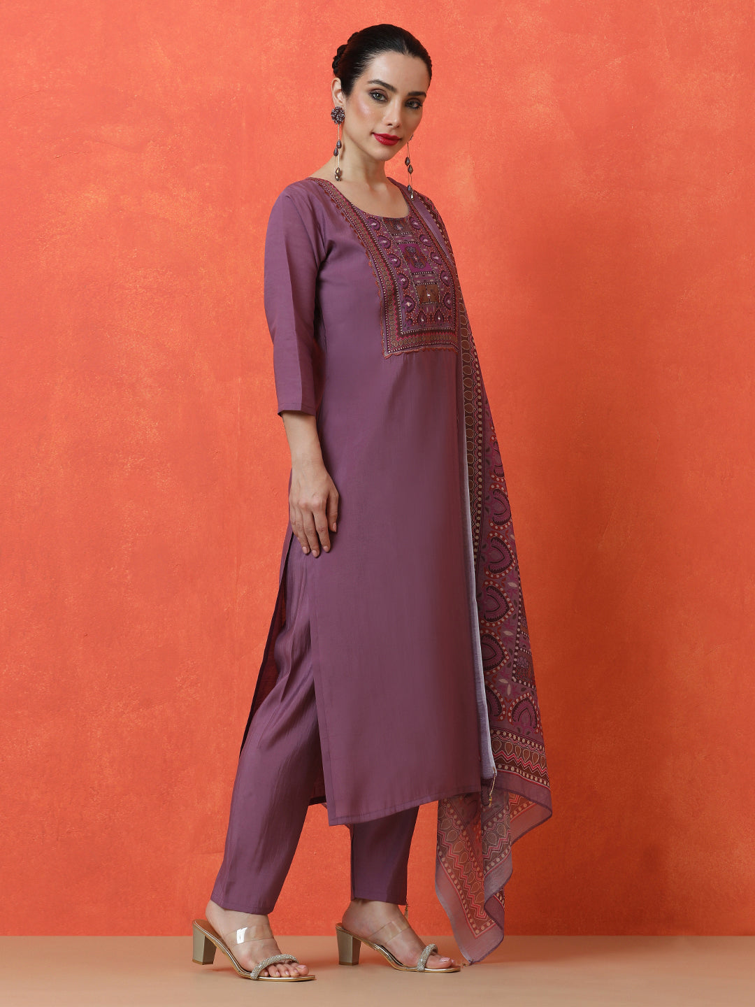 Floral Embroidered Straight Silk Blend Kurta & Trousers Sets