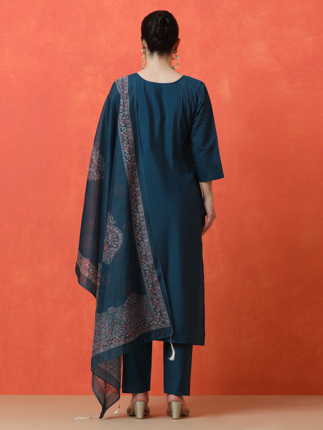 Floral Embroidered Straight Silk Blend Kurta & Trousers Sets