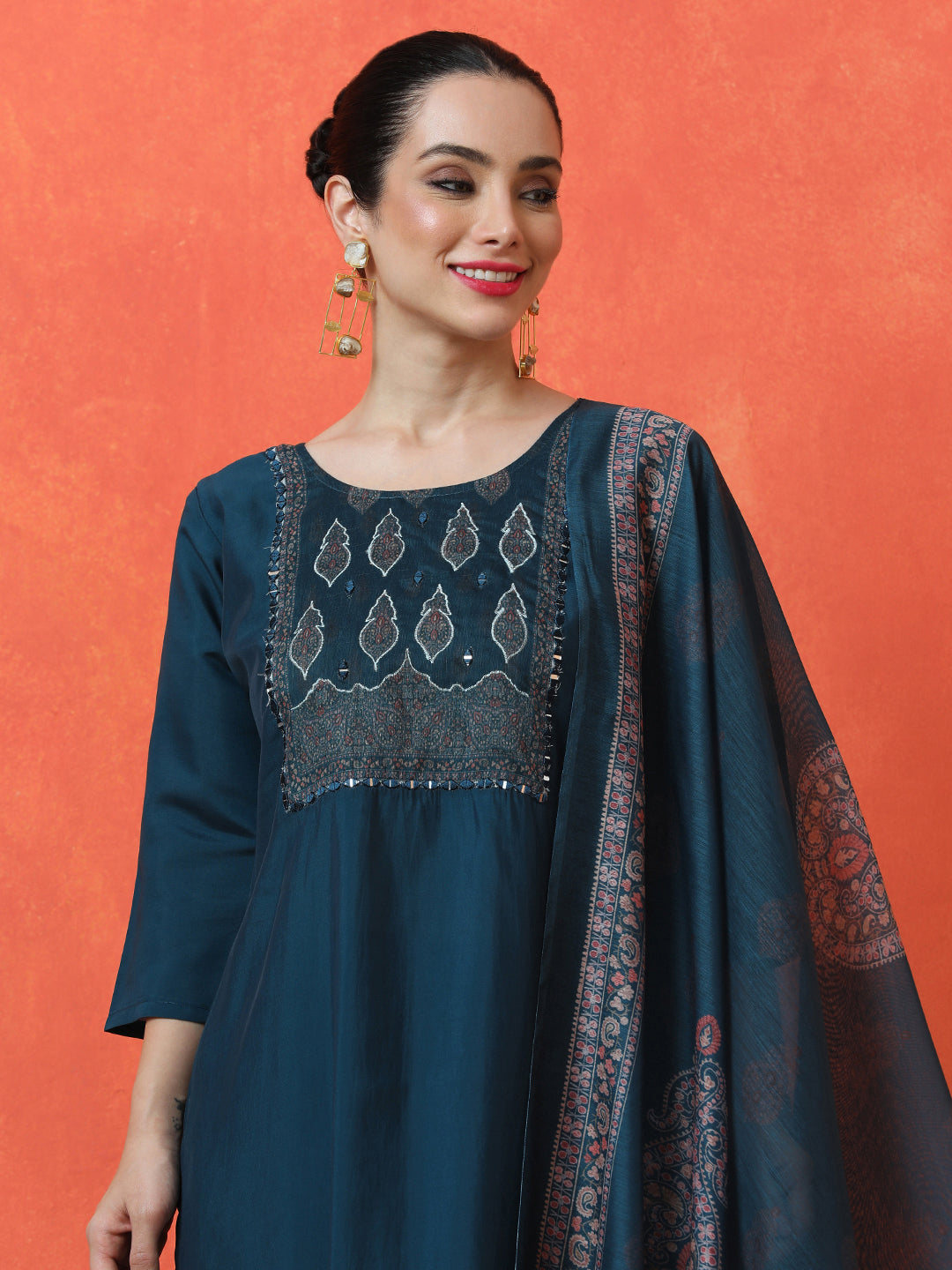 Floral Embroidered Straight Silk Blend Kurta & Trousers Sets