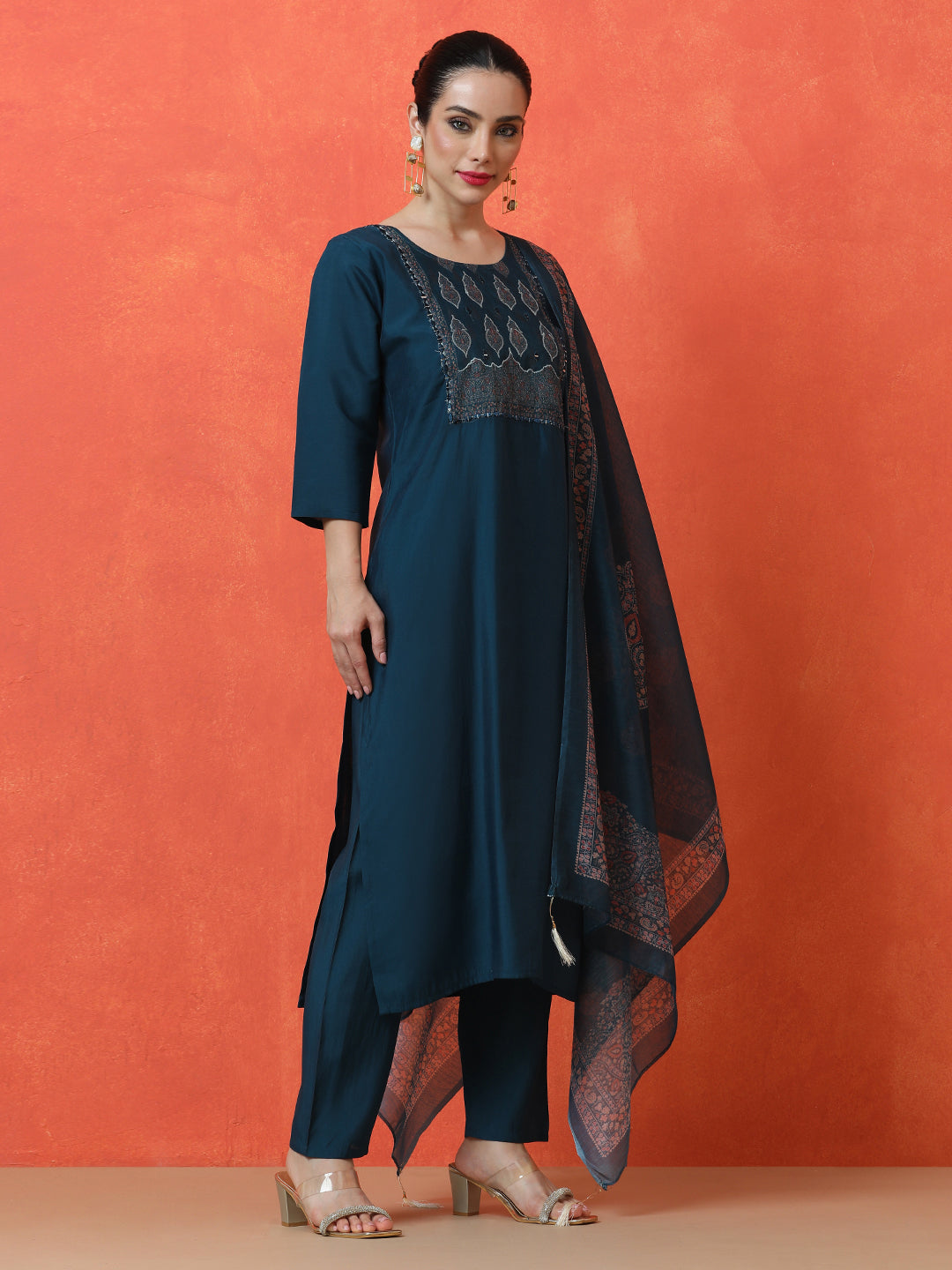Floral Embroidered Straight Silk Blend Kurta & Trousers Sets