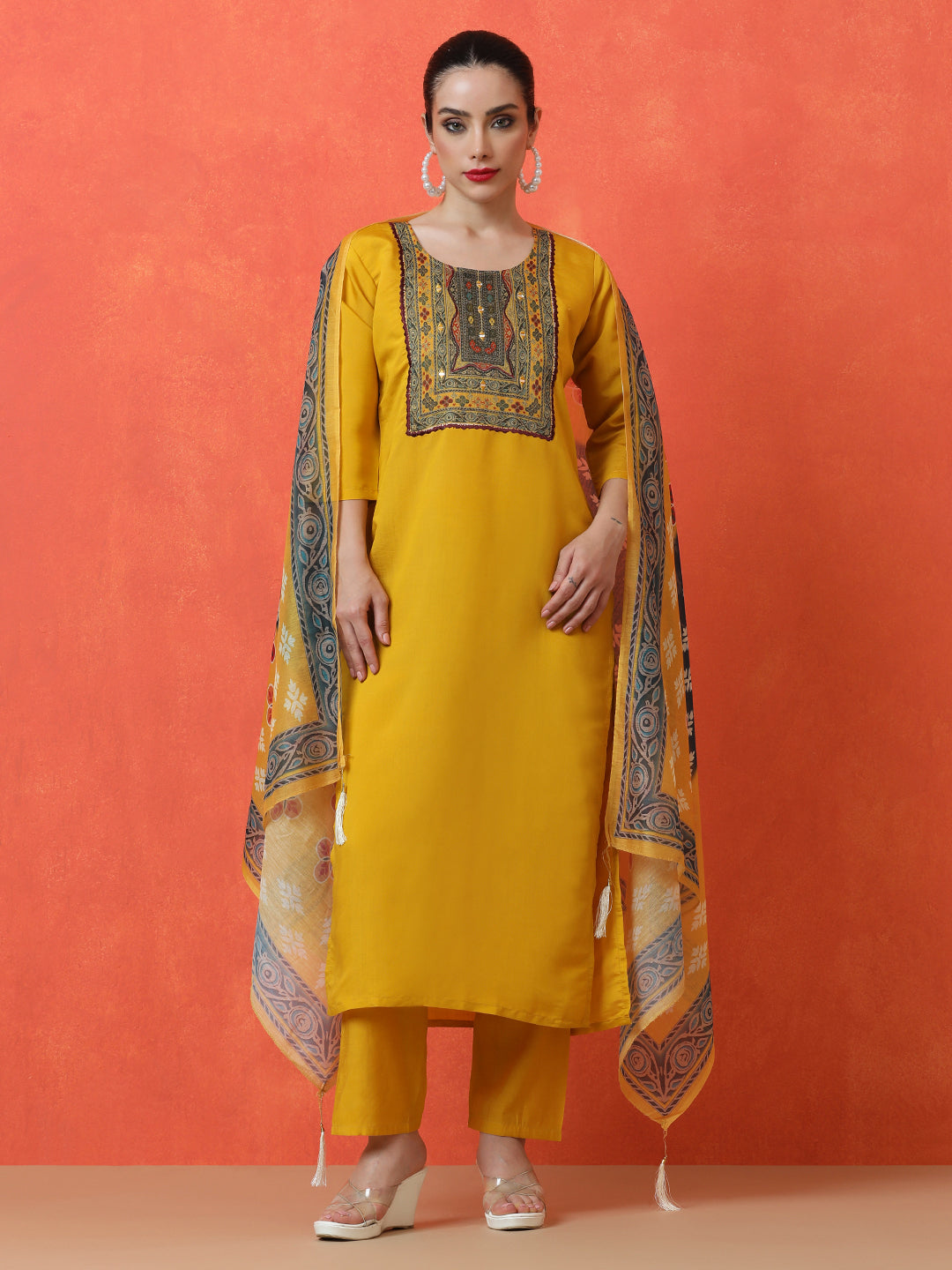 Floral Embroidered Straight Silk Blend Kurta & Trousers Sets