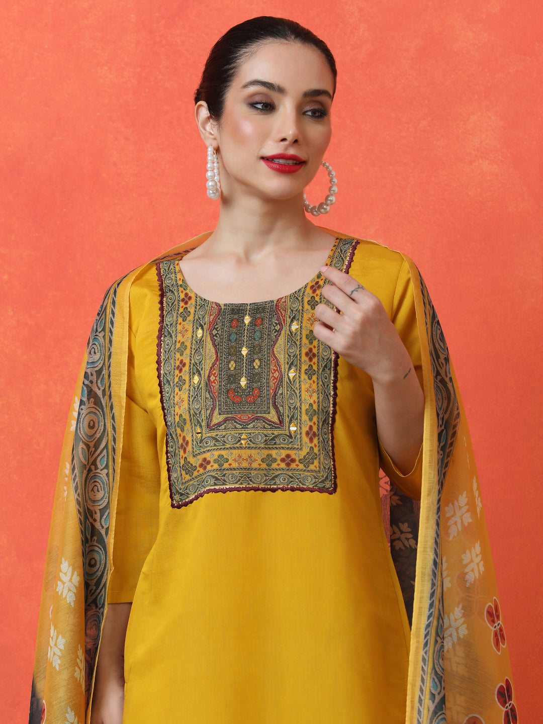 Floral Embroidered Straight Silk Blend Kurta & Trousers Sets