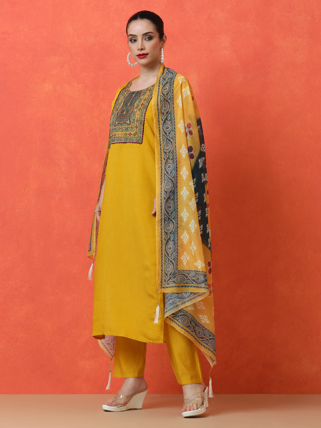 Floral Embroidered Straight Silk Blend Kurta & Trousers Sets