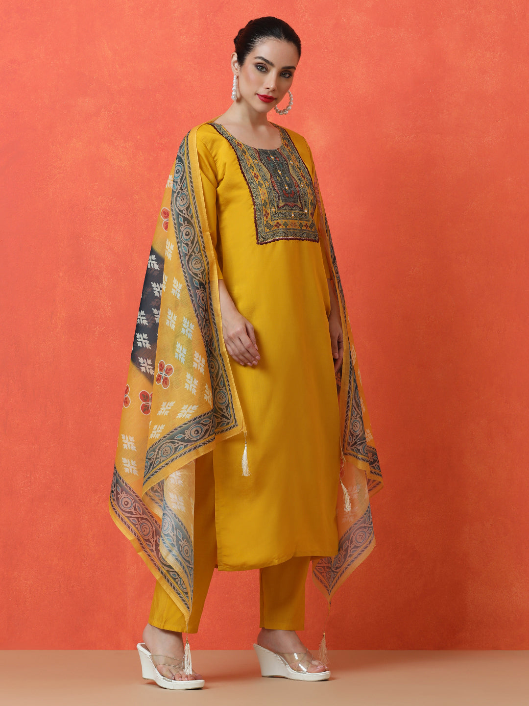 Floral Embroidered Straight Silk Blend Kurta & Trousers Sets
