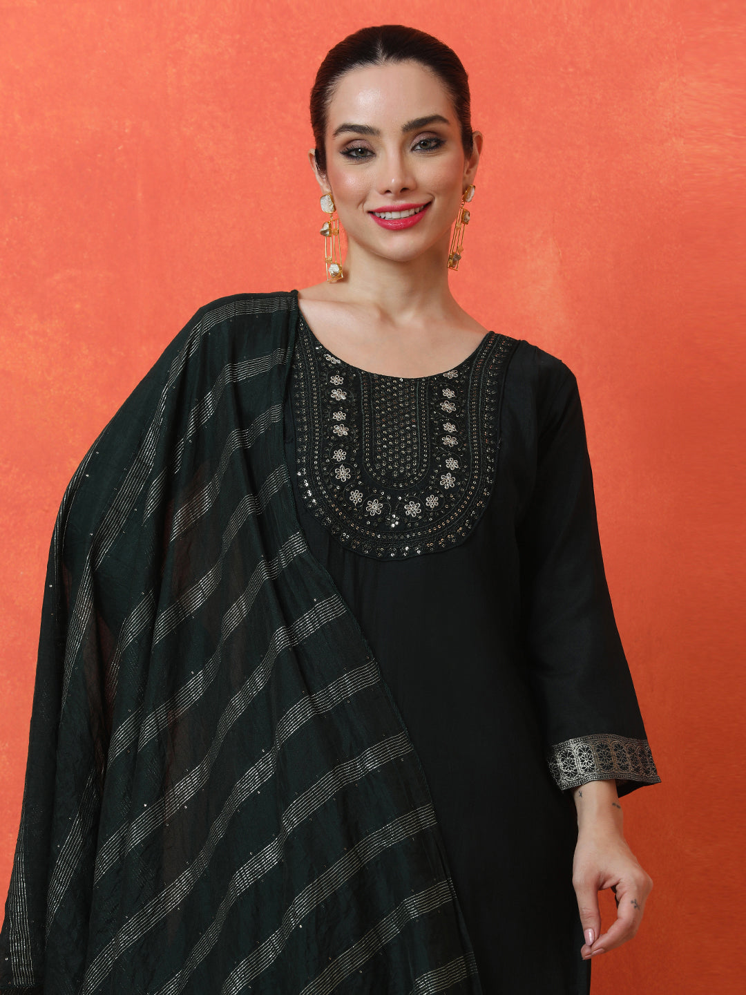 Floral Embroidered Straight Silk Blend Kurta & Trousers Sets