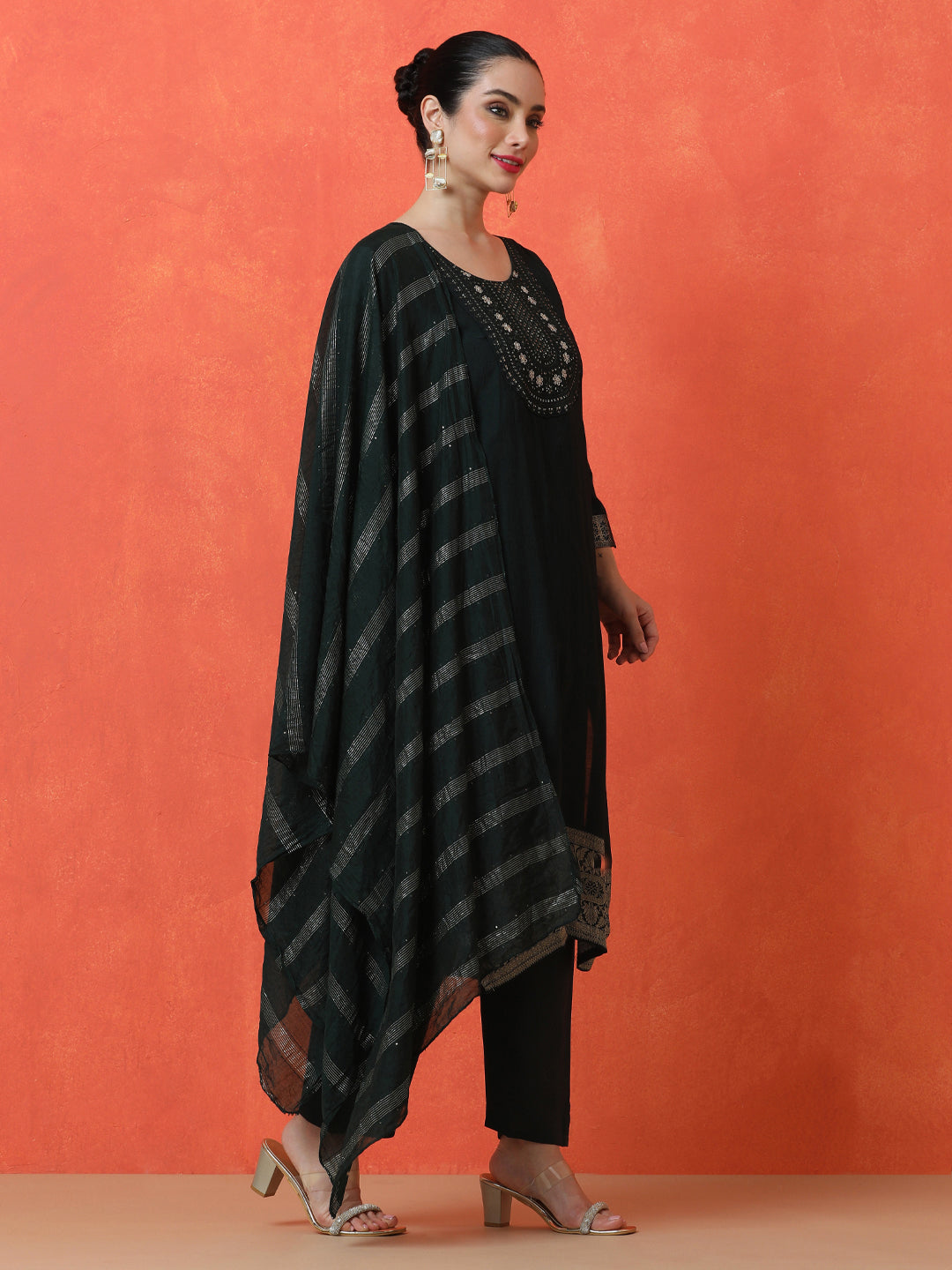 Floral Embroidered Straight Silk Blend Kurta & Trousers Sets