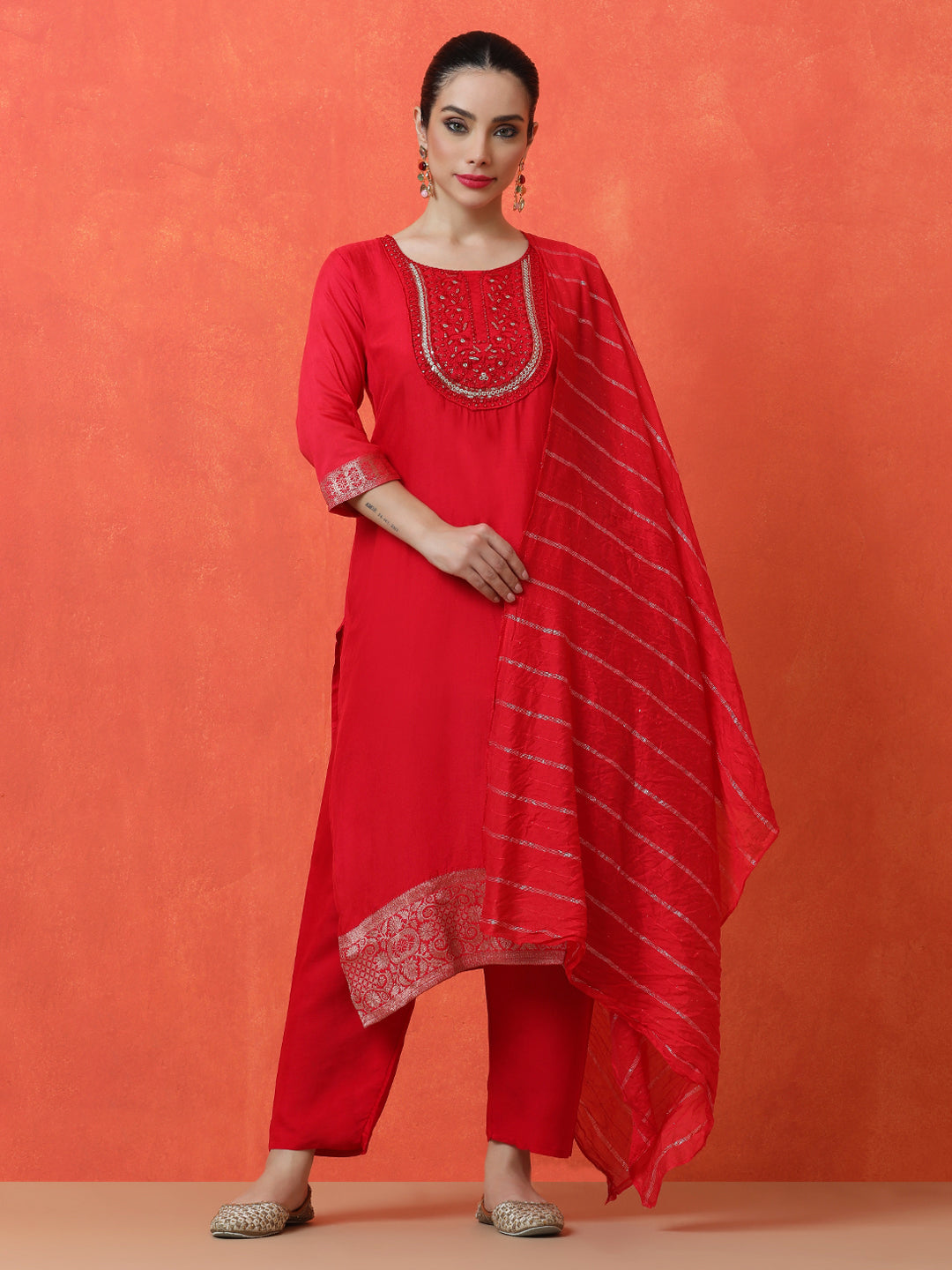 Floral Embroidered Straight Silk Blend Kurta & Trousers Sets