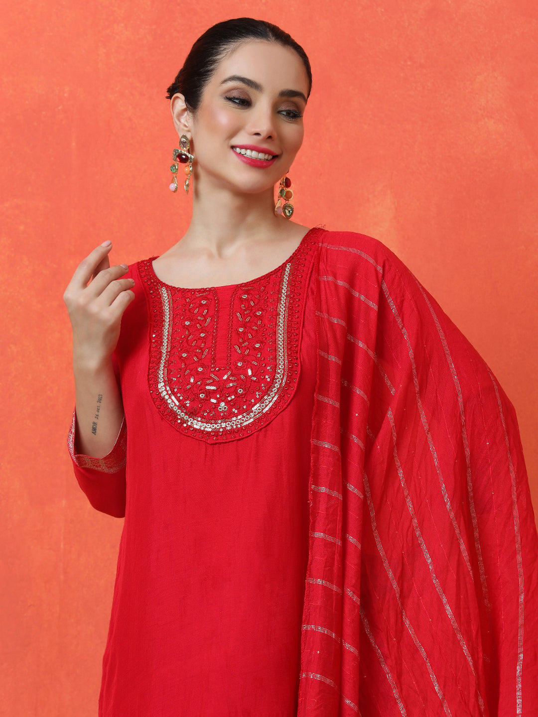 Floral Embroidered Straight Silk Blend Kurta & Trousers Sets