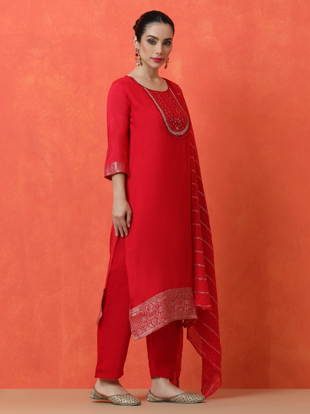 Floral Embroidered Straight Silk Blend Kurta & Trousers Sets