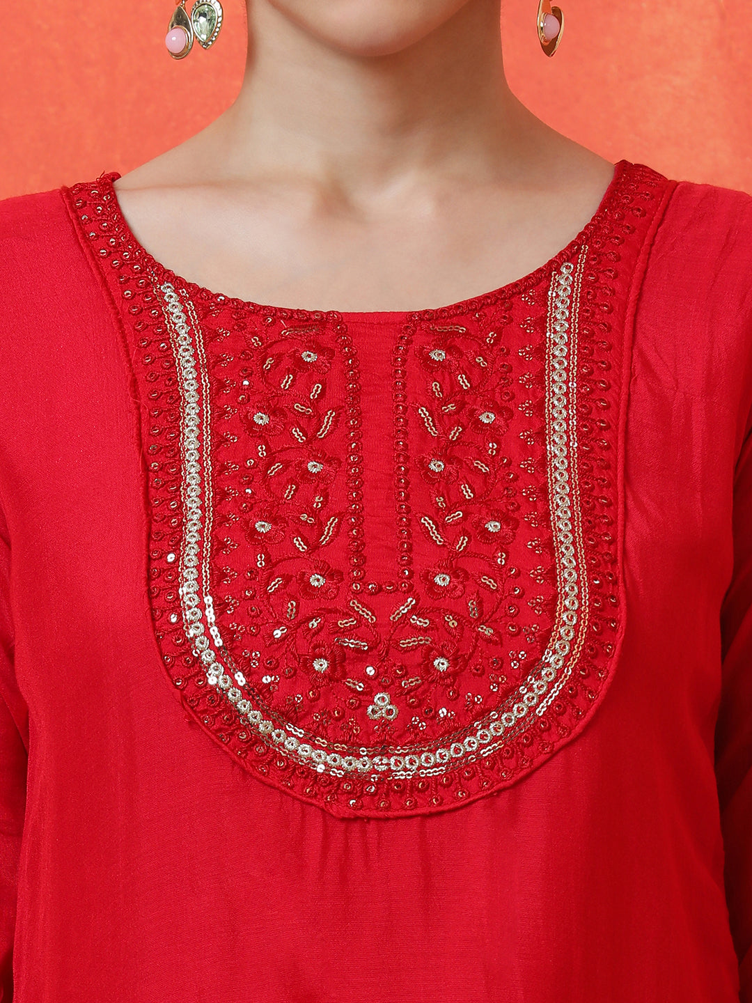 Floral Embroidered Straight Silk Blend Kurta & Trousers Sets