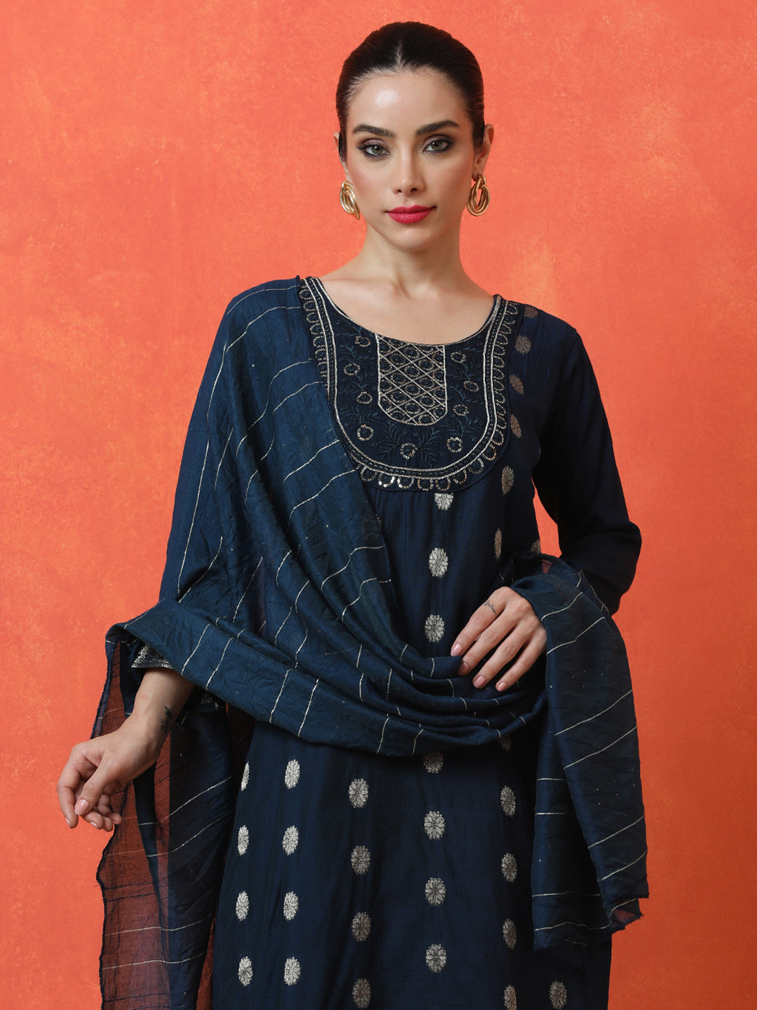 Floral Embroidered Straight Silk Blend Kurta & Trousers Sets