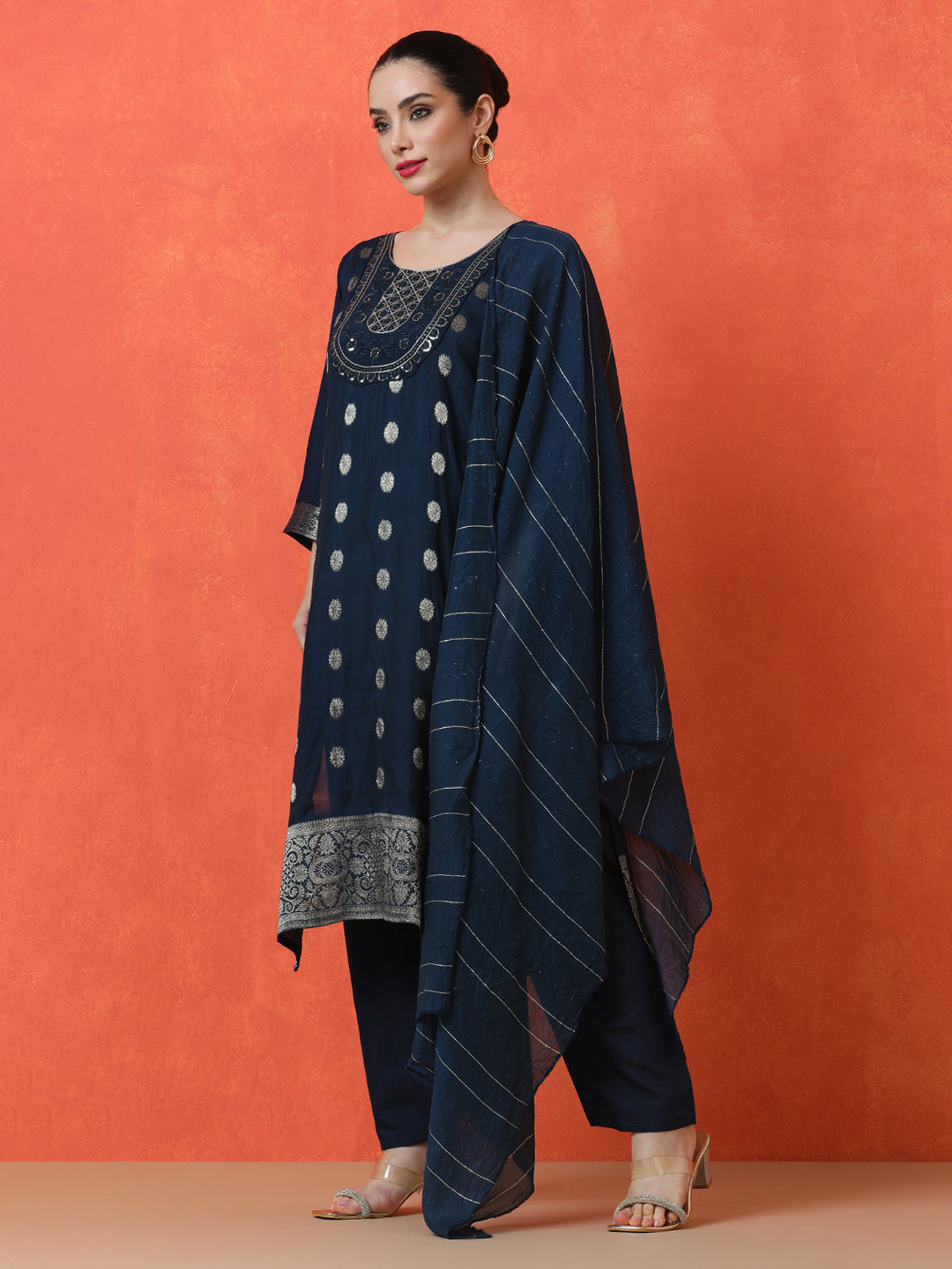 Floral Embroidered Straight Silk Blend Kurta & Trousers Sets