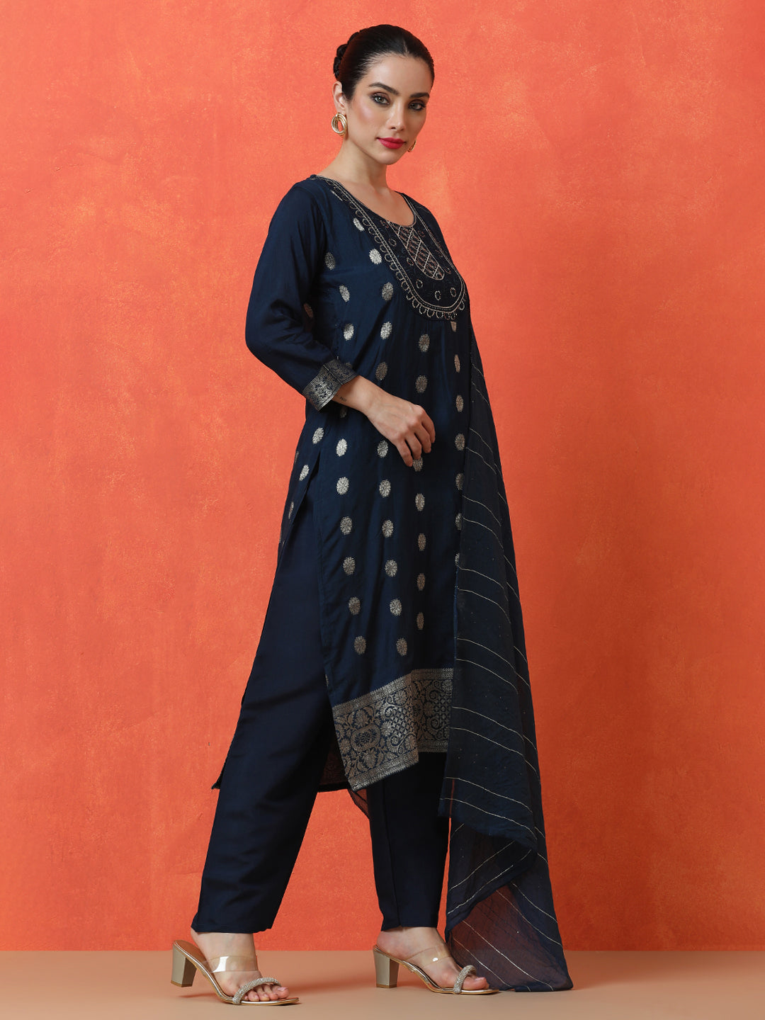 Floral Embroidered Straight Silk Blend Kurta & Trousers Sets