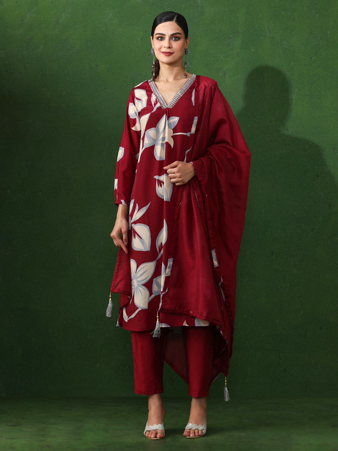 Floral Embroidered A-Line Silk Crepe Kurta & Trousers Sets