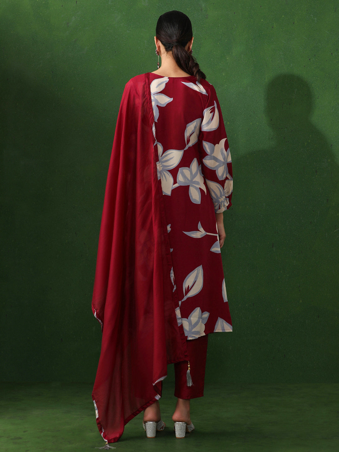 Floral Embroidered A-Line Silk Crepe Kurta & Trousers Sets