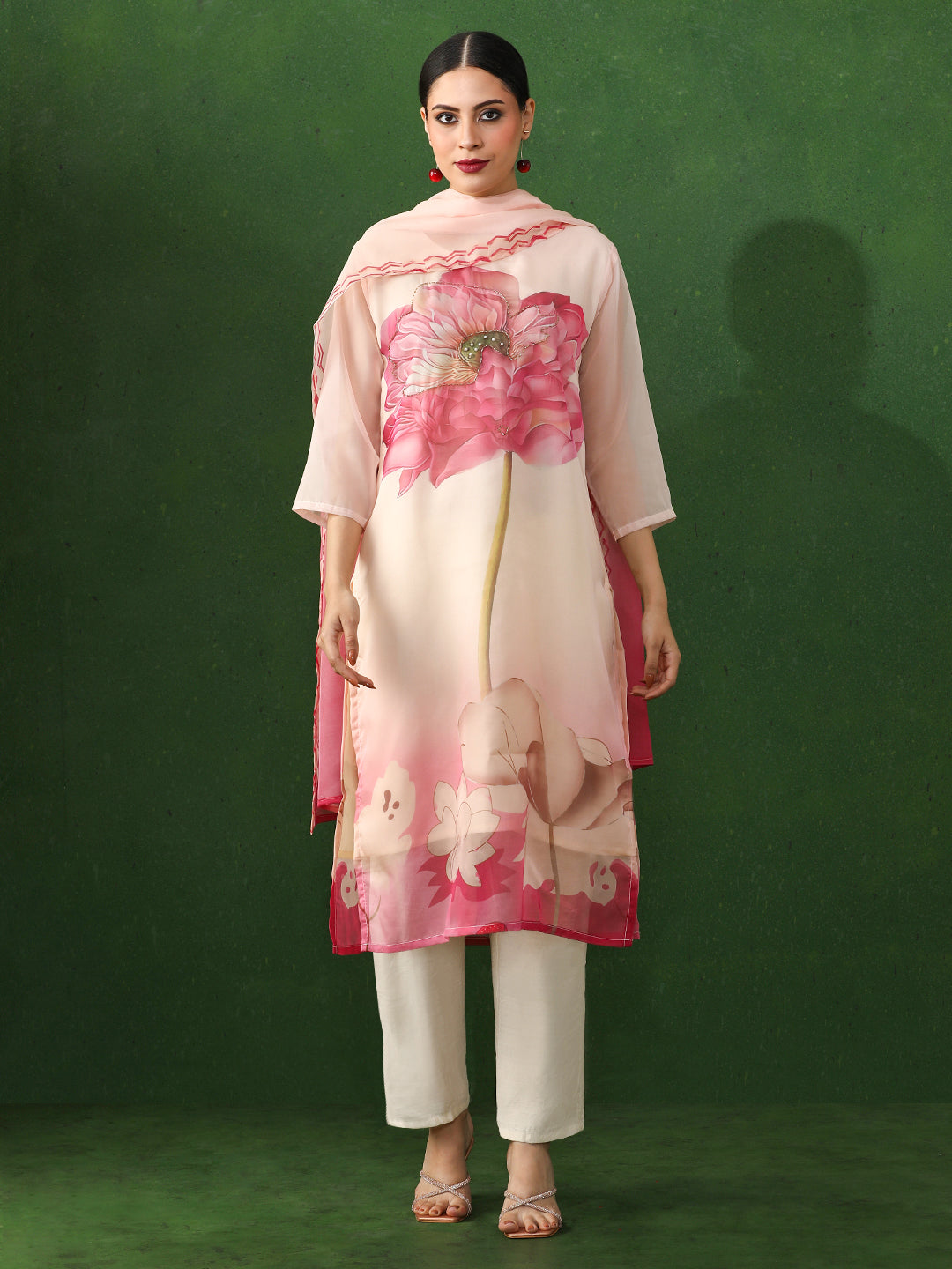 Floral Embroidered Straight Art Silk Kurta & Trousers Sets