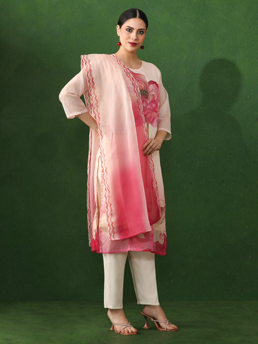 Floral Embroidered Straight Art Silk Kurta & Trousers Sets
