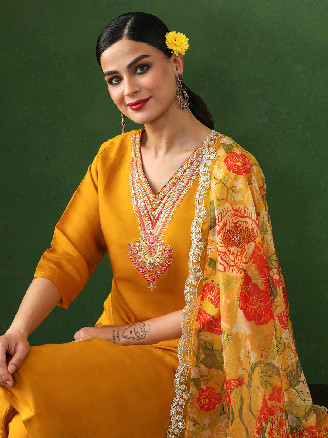 Floral Embroidered Straight Chanderi Silk Kurta & Trousers Sets