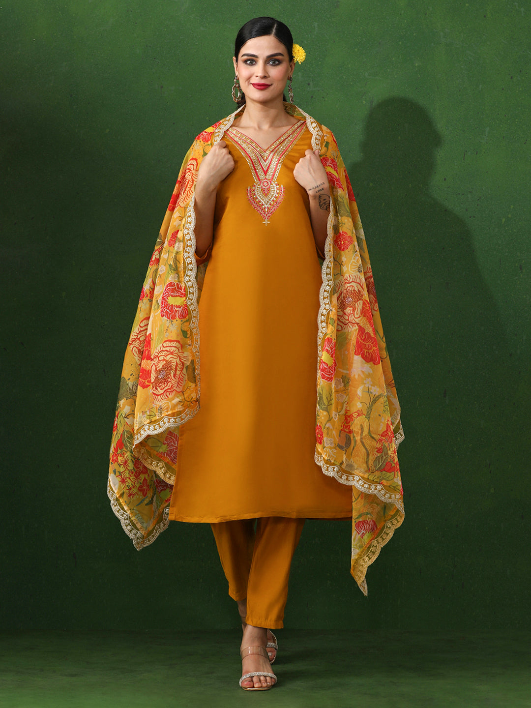 Floral Embroidered Straight Chanderi Silk Kurta & Trousers Sets