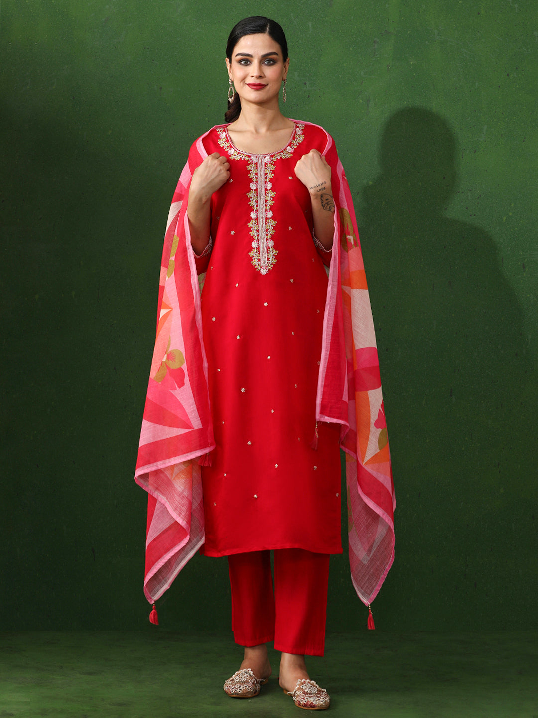 Floral Embroidered Straight Chanderi Silk Kurta & Trousers Sets