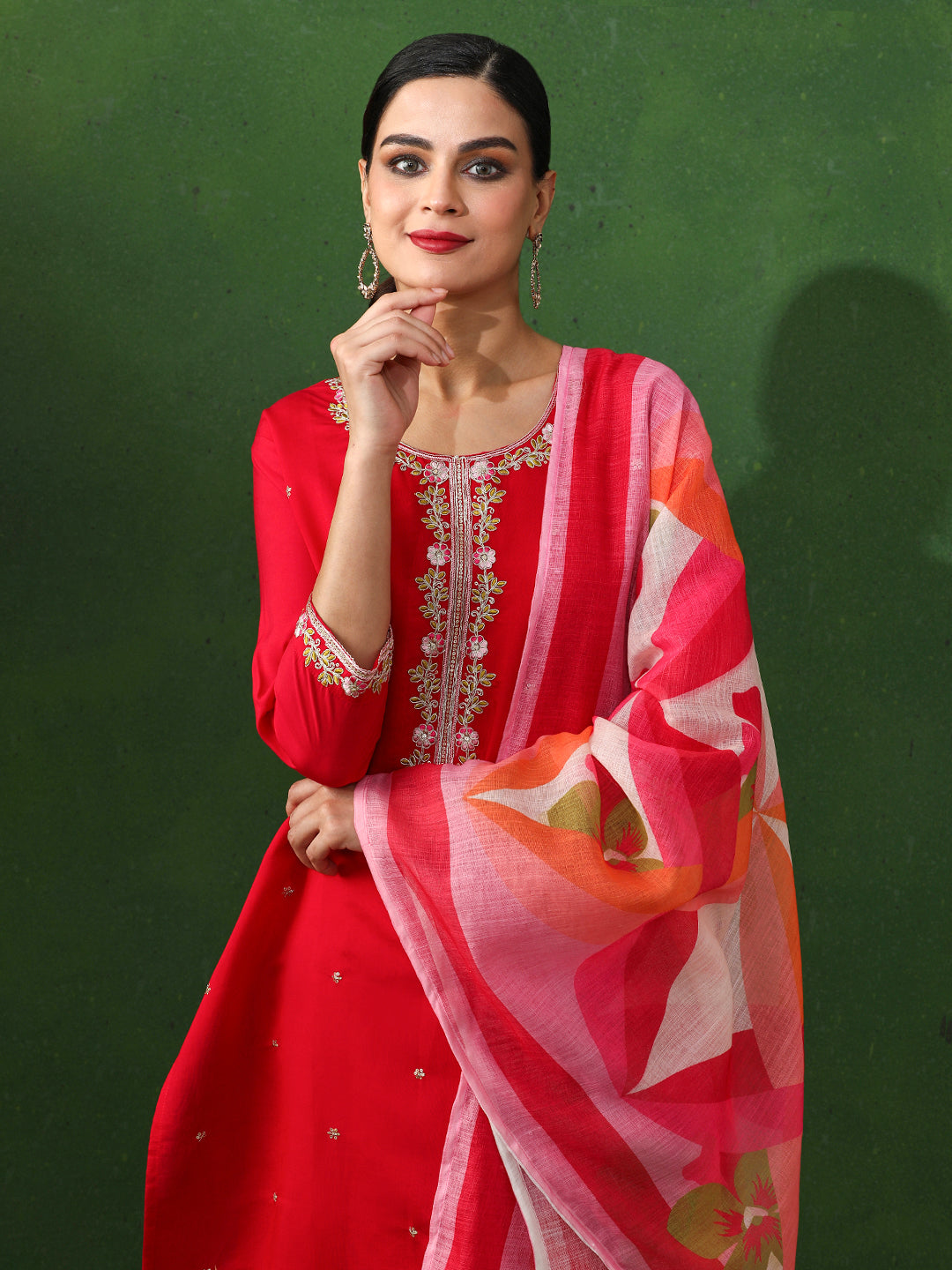 Floral Embroidered Straight Chanderi Silk Kurta & Trousers Sets