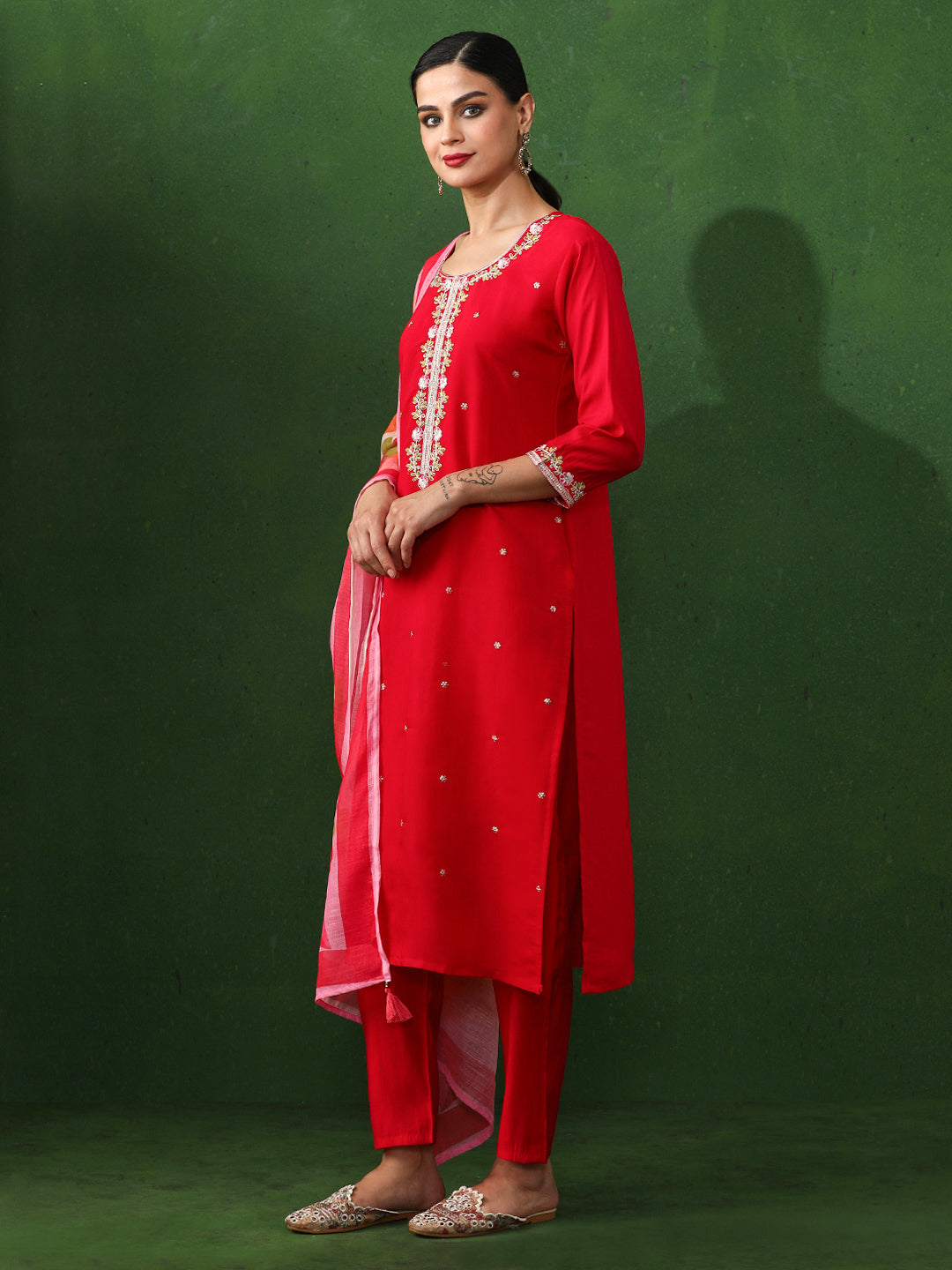 Floral Embroidered Straight Chanderi Silk Kurta & Trousers Sets