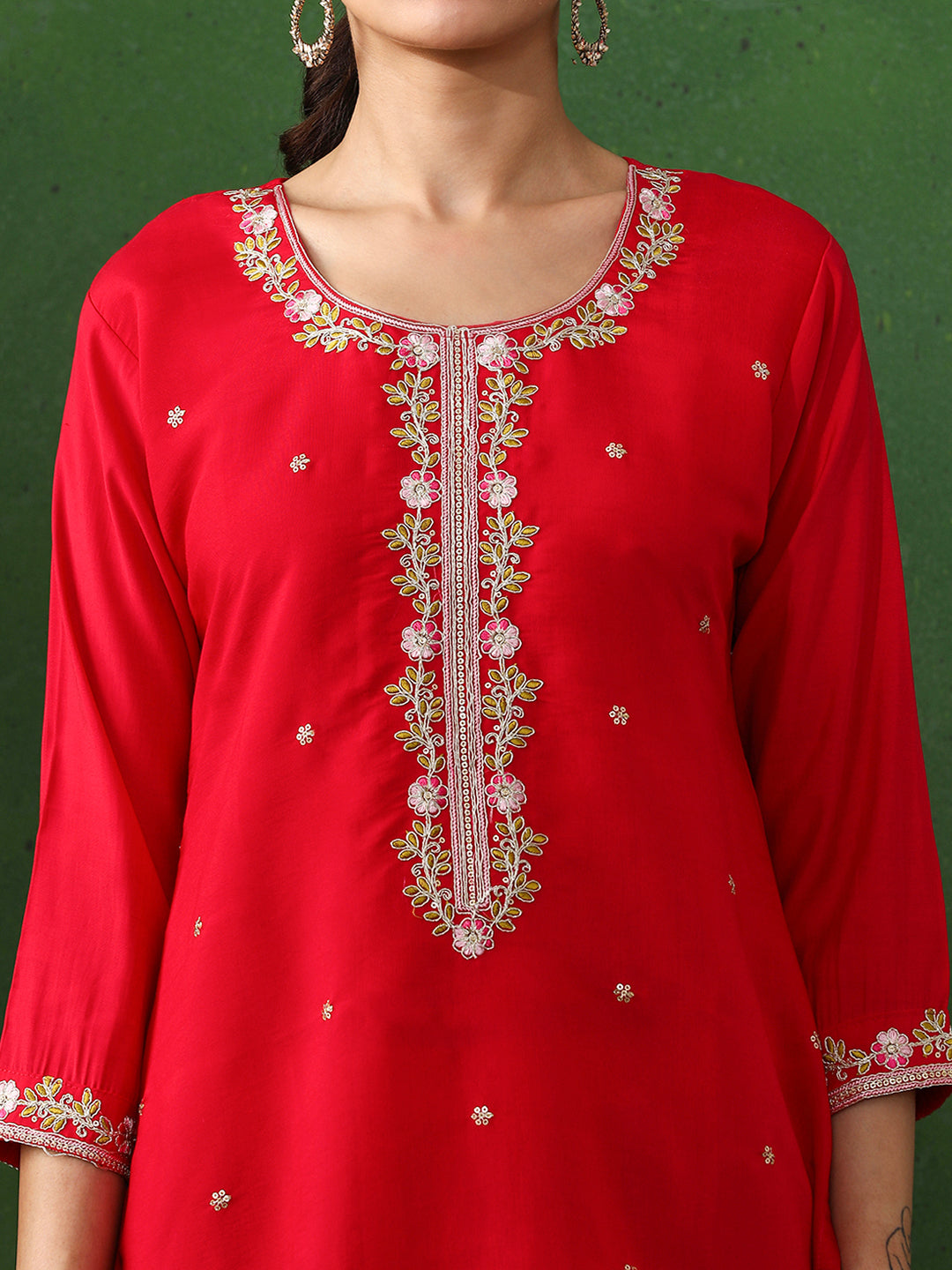 Floral Embroidered Straight Chanderi Silk Kurta & Trousers Sets