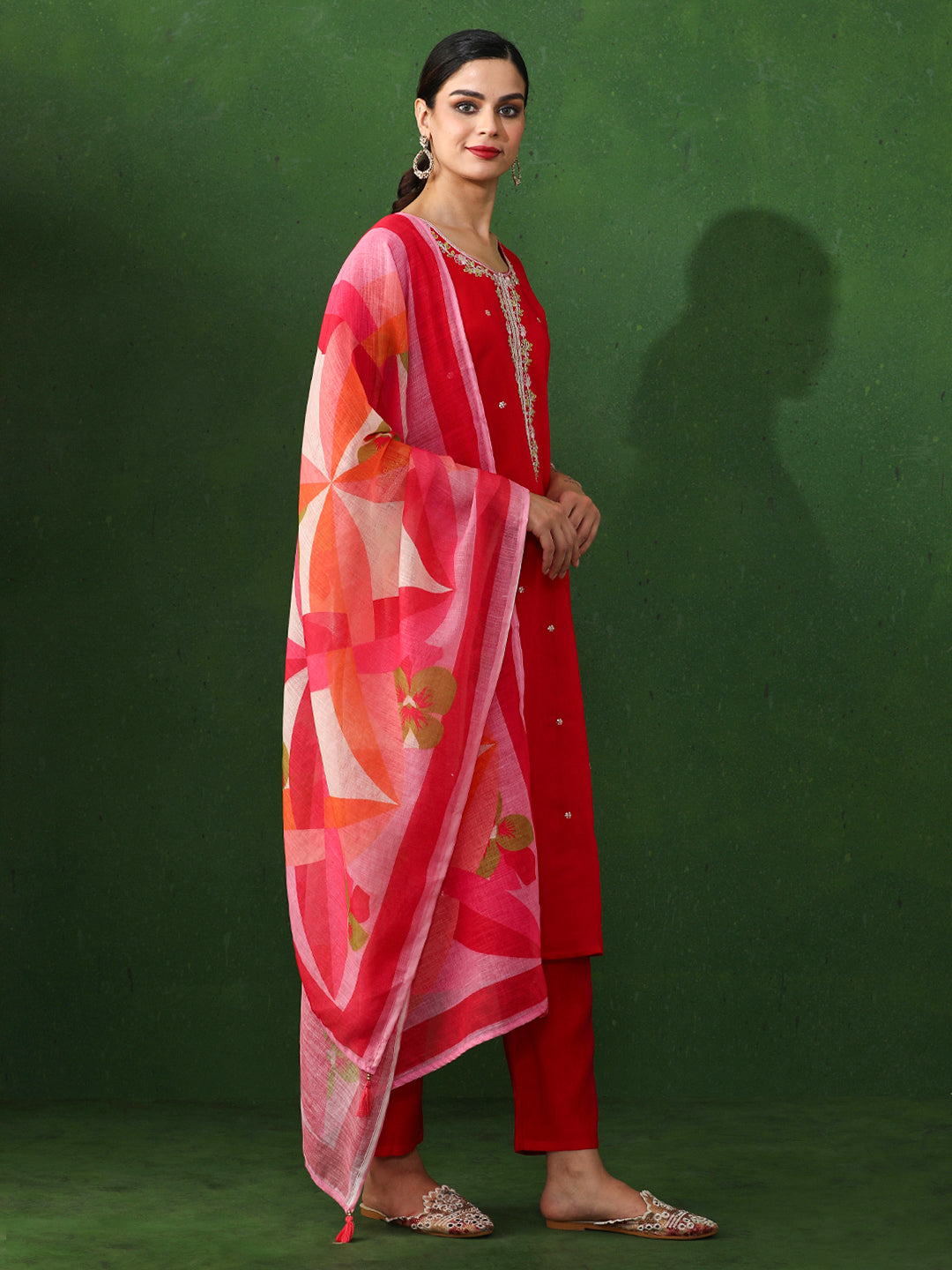 Floral Embroidered Straight Chanderi Silk Kurta & Trousers Sets