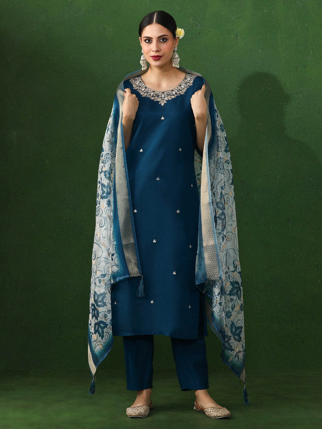 Floral Embroidered Straight Silk Blend Kurta & Trousers Sets