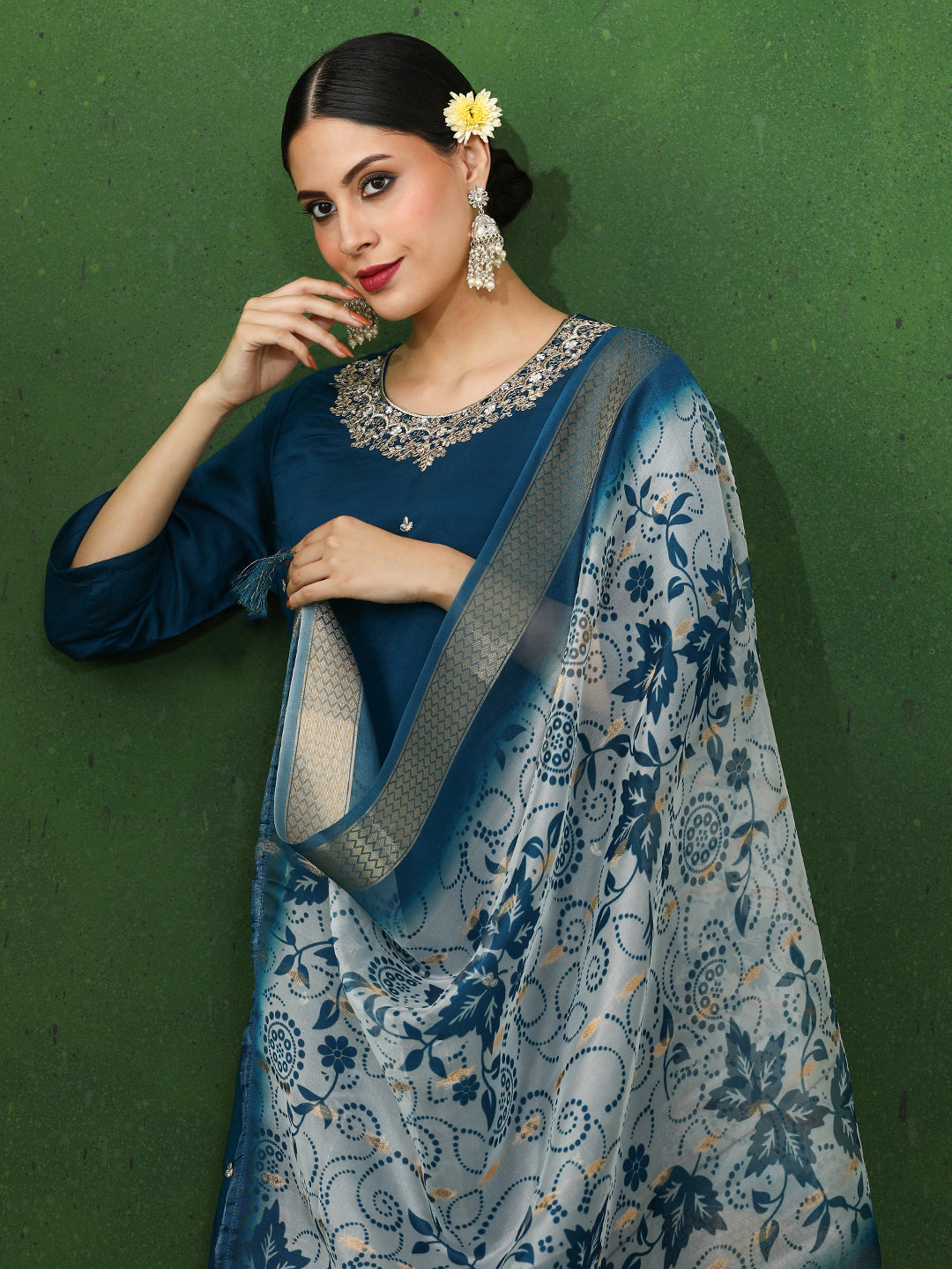 Floral Embroidered Straight Silk Blend Kurta & Trousers Sets