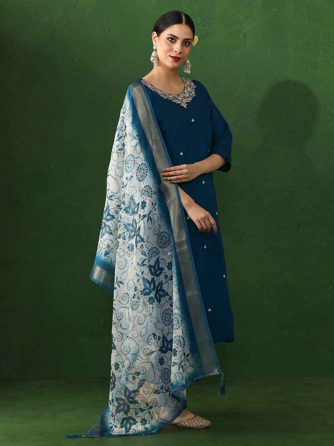 Floral Embroidered Straight Silk Blend Kurta & Trousers Sets