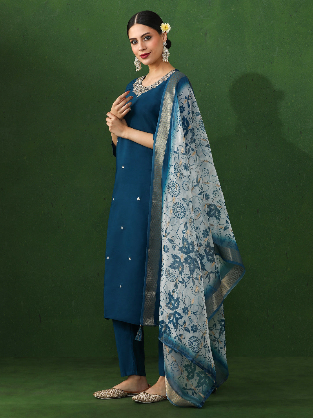 Floral Embroidered Straight Silk Blend Kurta & Trousers Sets