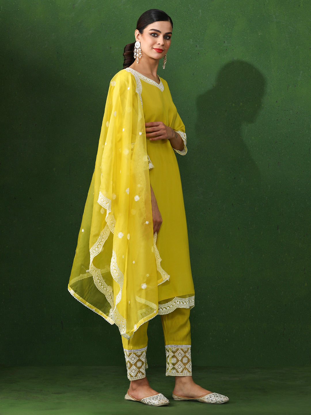 Floral Embroidered Straight Chanderi Silk Kurta & Trousers Sets