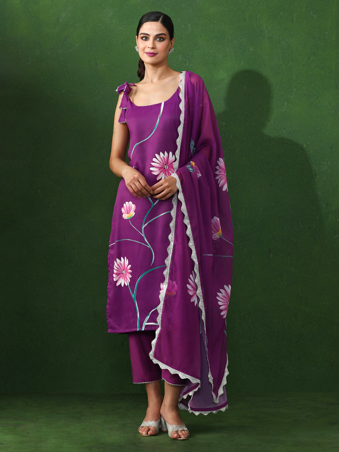 Floral Printed Straight Silk Crepe Kurta & Trousers Sets