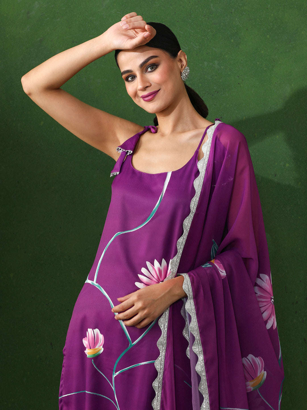 Floral Printed Straight Silk Crepe Kurta & Trousers Sets