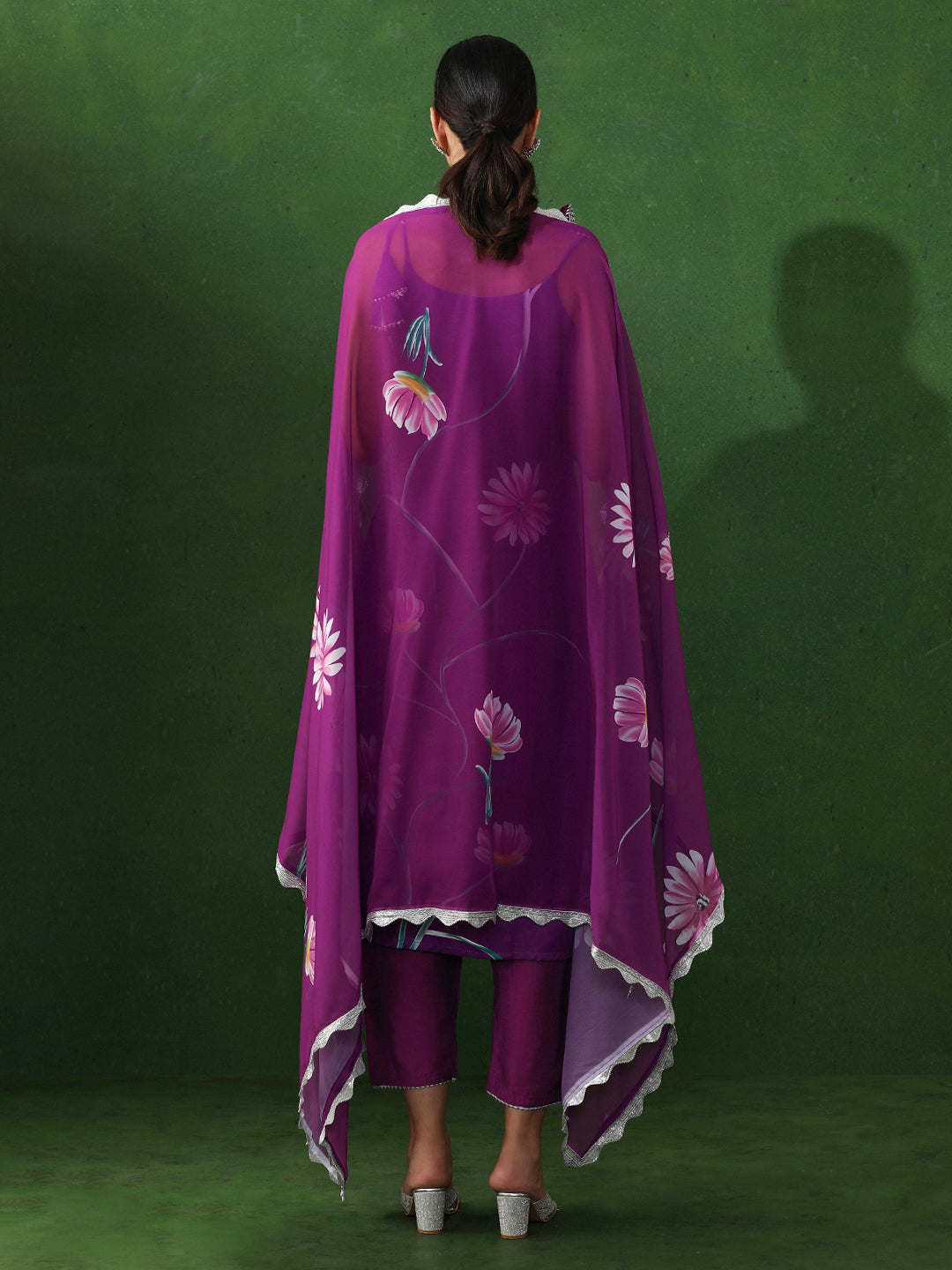 Floral Printed Straight Silk Crepe Kurta & Trousers Sets