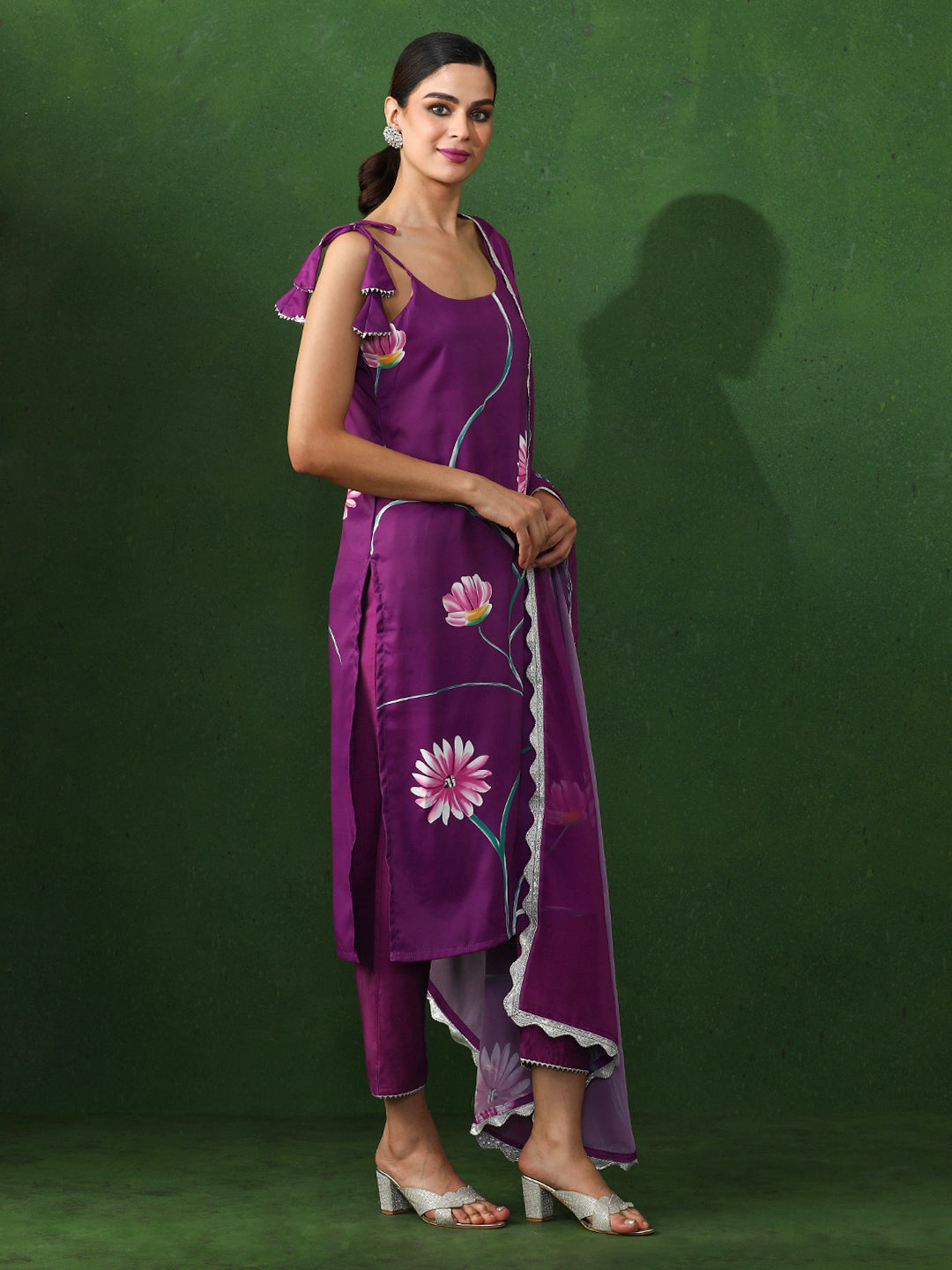 Floral Printed Straight Silk Crepe Kurta & Trousers Sets