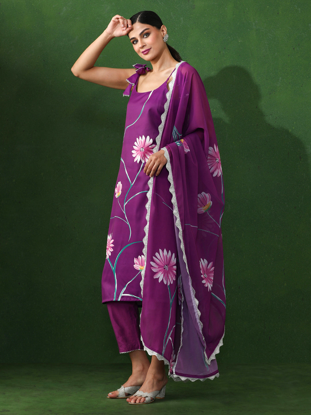 Floral Printed Straight Silk Crepe Kurta & Trousers Sets