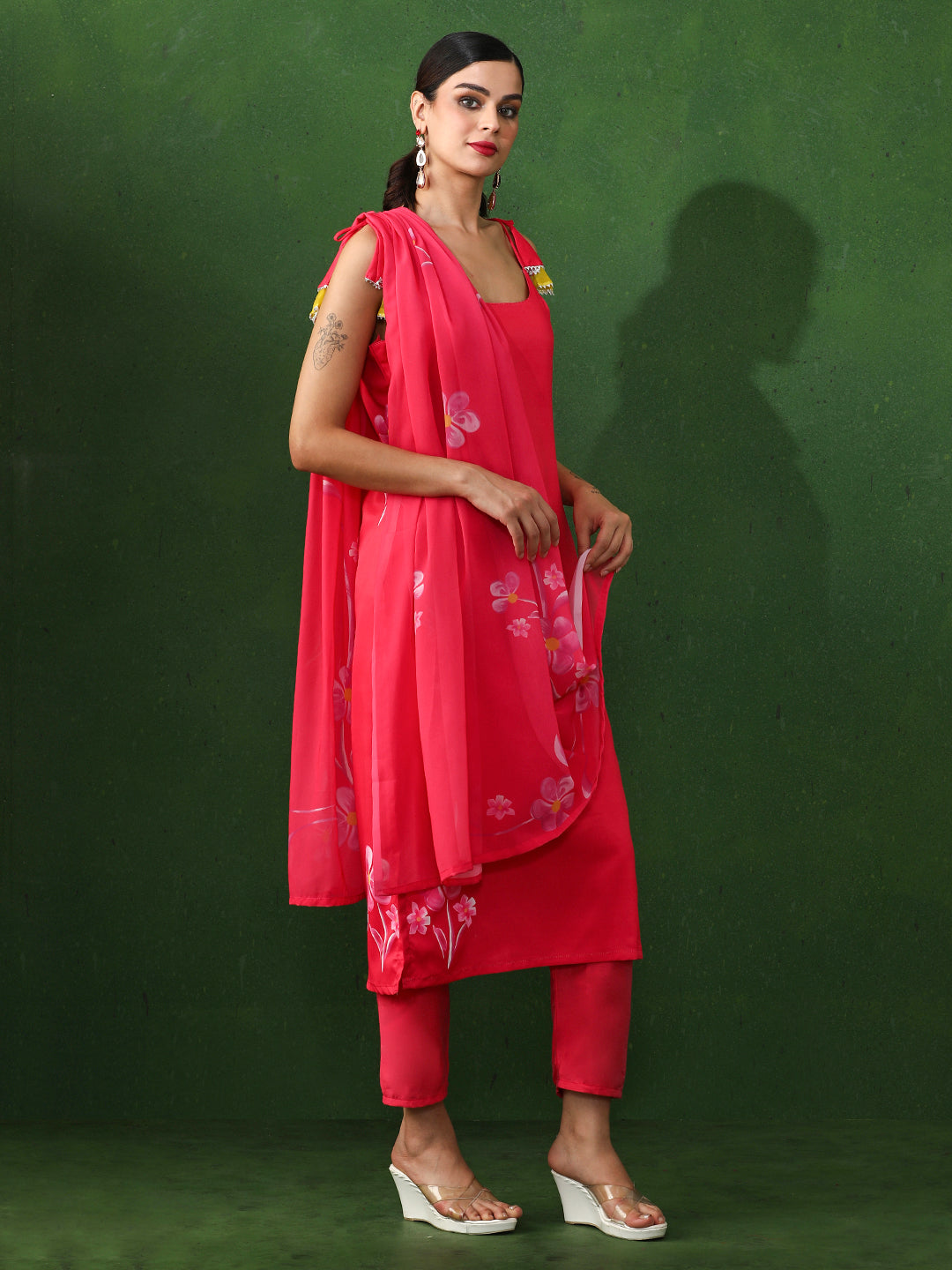Floral Printed Straight Silk Crepe Kurta & Trousers Sets
