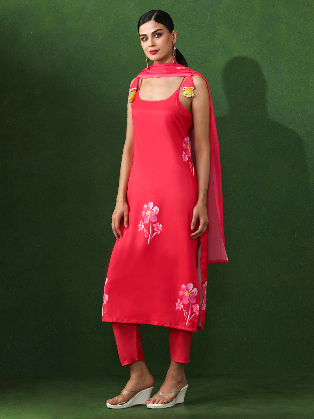 Floral Printed Straight Silk Crepe Kurta & Trousers Sets