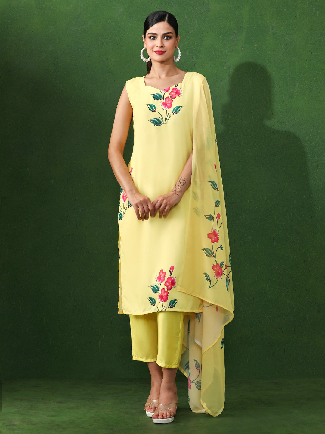 Floral Printed Straight Silk Crepe Kurta & Trousers Sets
